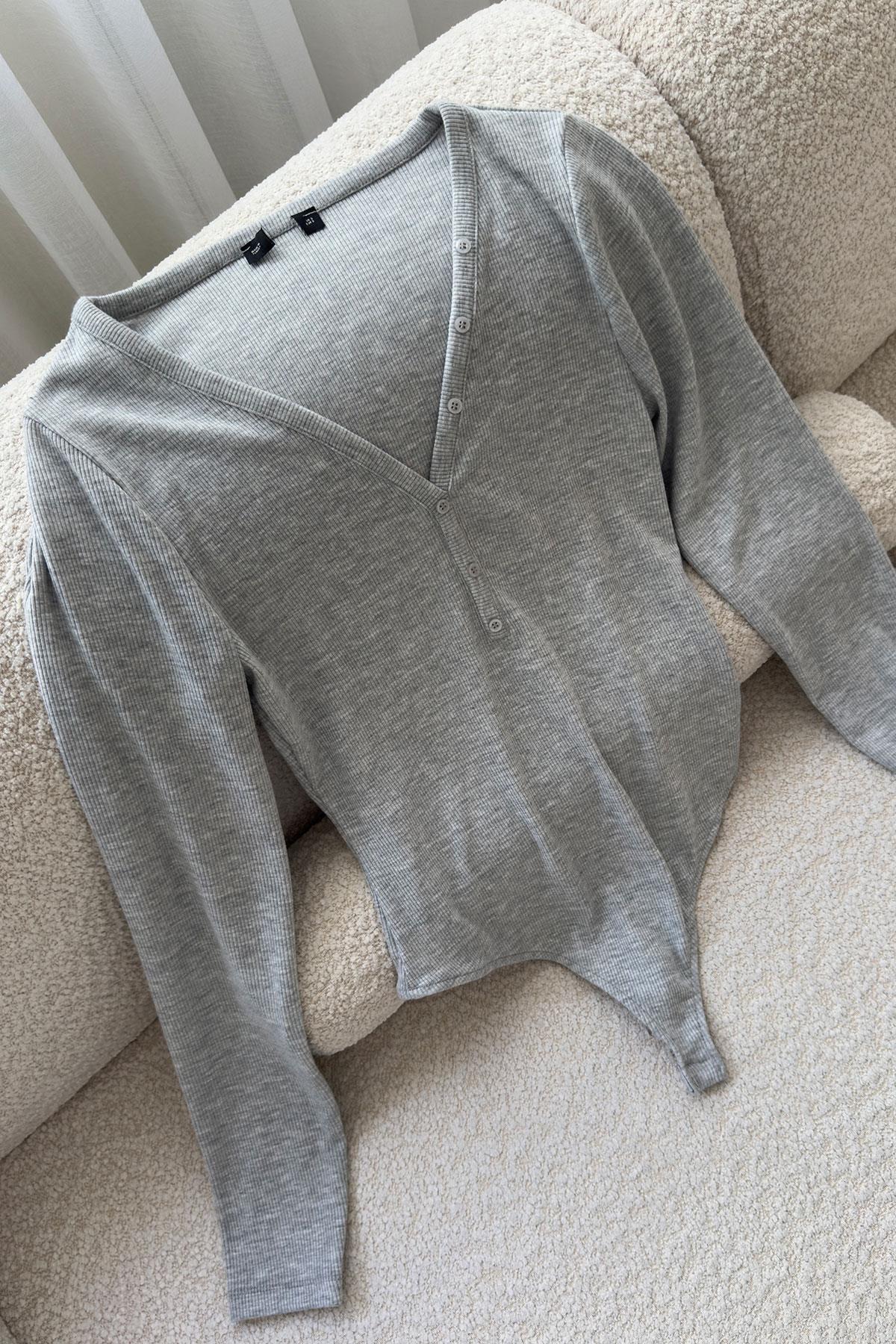 Düğmeli Premium Bodysuit- GRİ