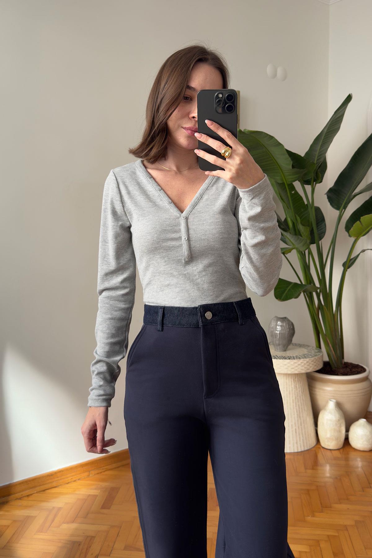 Düğmeli Premium Bodysuit- GRİ