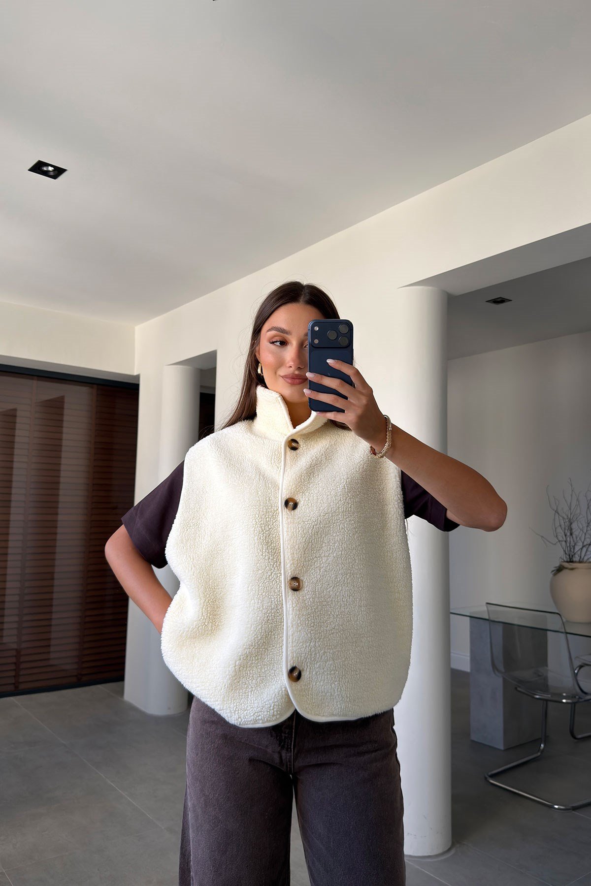 Düğmeli Premium Düğmeli Polar Yelek- EKRU