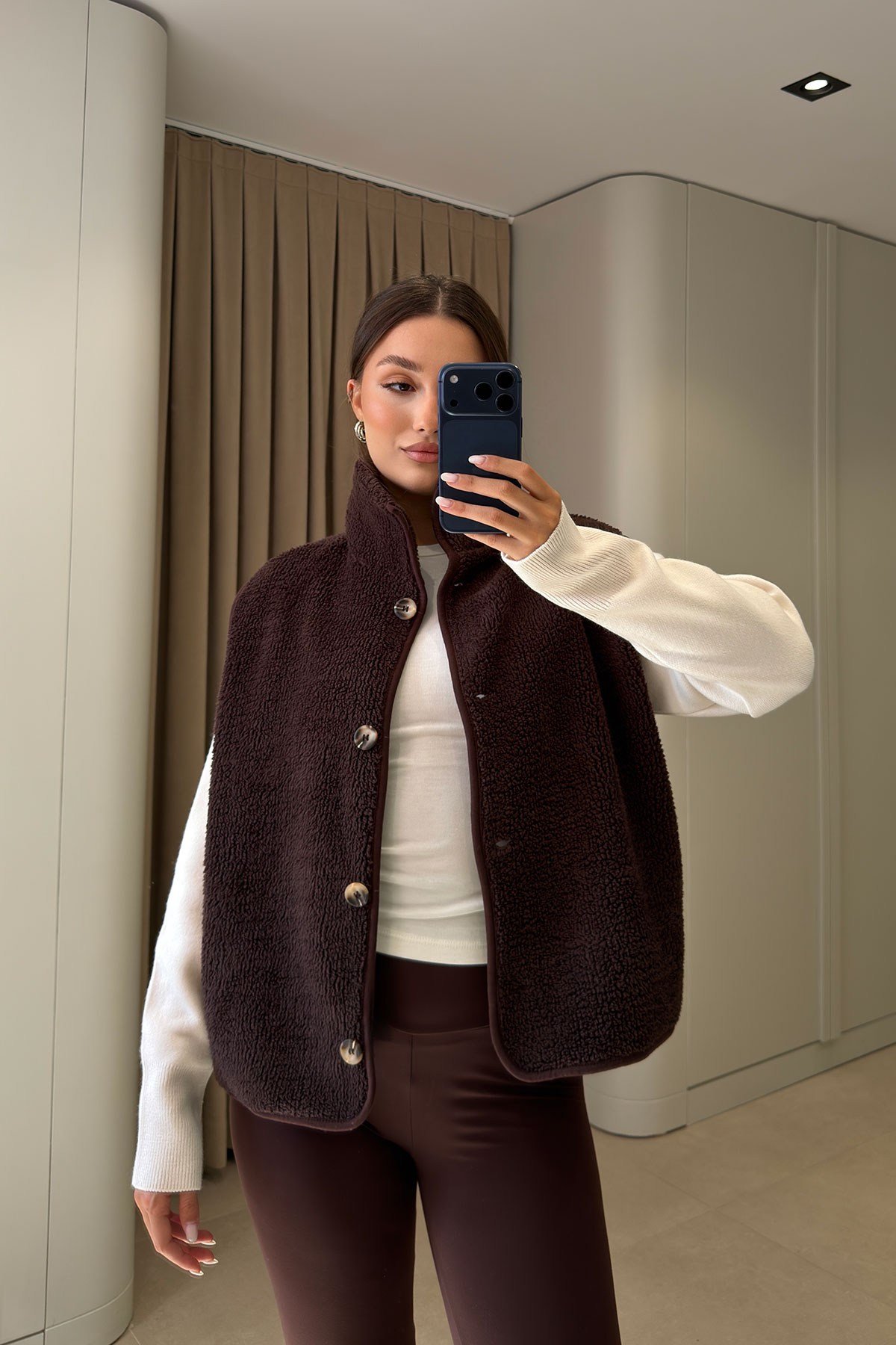 Düğmeli Premium Düğmeli Polar Yelek- KAHVERENGİ