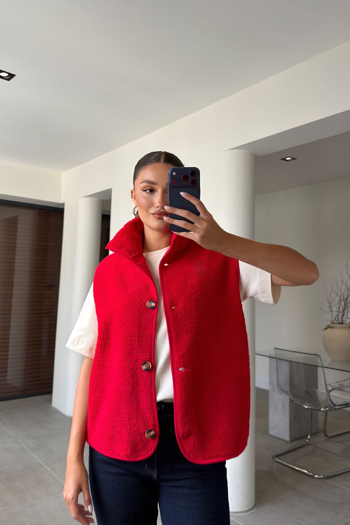 Düğmeli Premium Düğmeli Polar Yelek- KIRMIZI