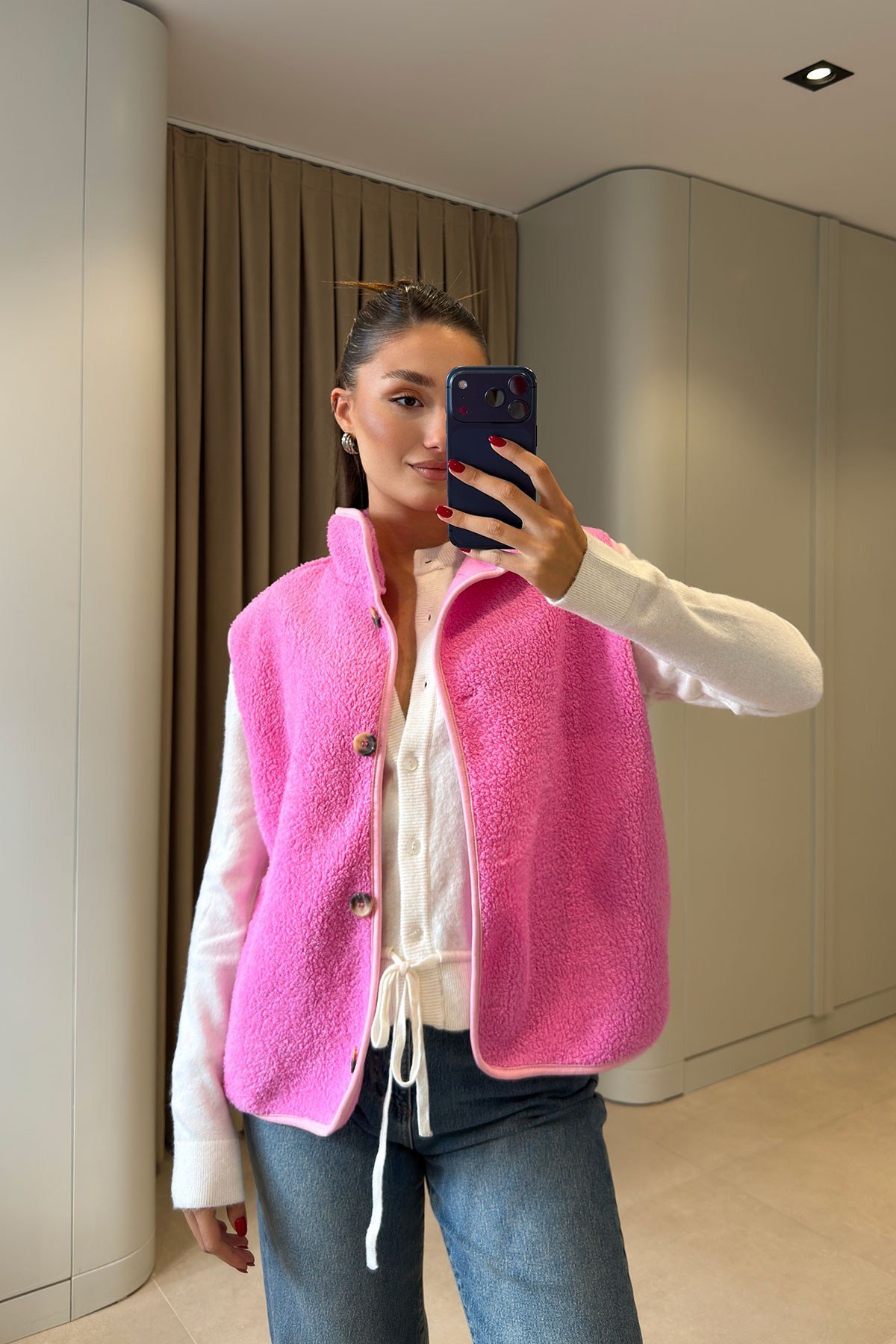 Düğmeli Premium Düğmeli Polar Yelek- PEMBE