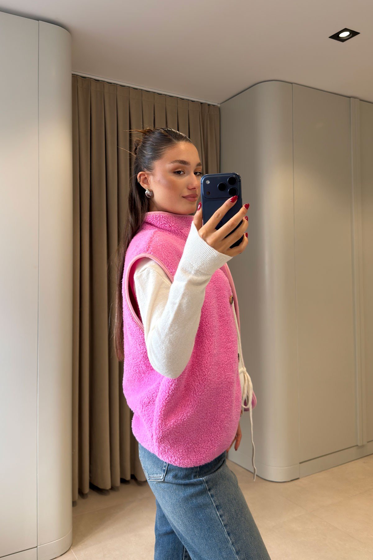 Düğmeli Premium Düğmeli Polar Yelek- PEMBE