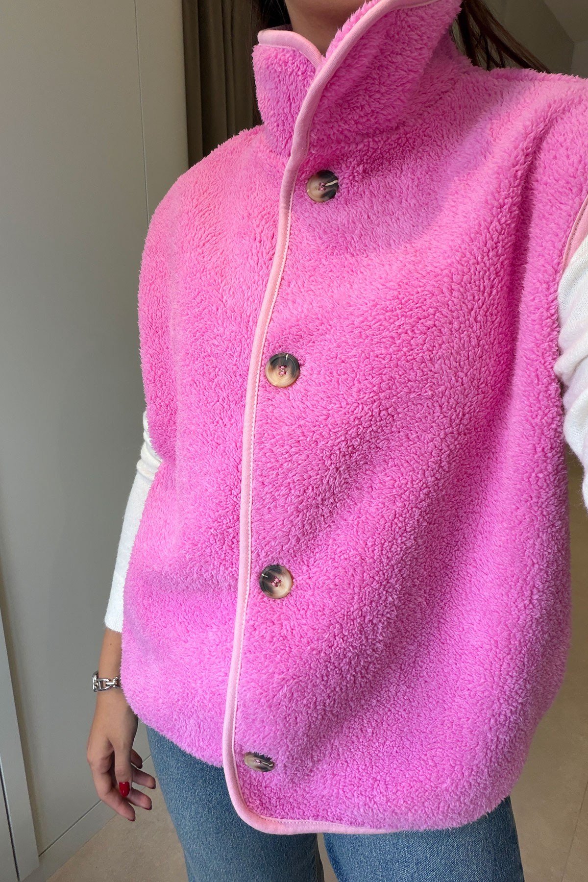 Düğmeli Premium Düğmeli Polar Yelek- PEMBE