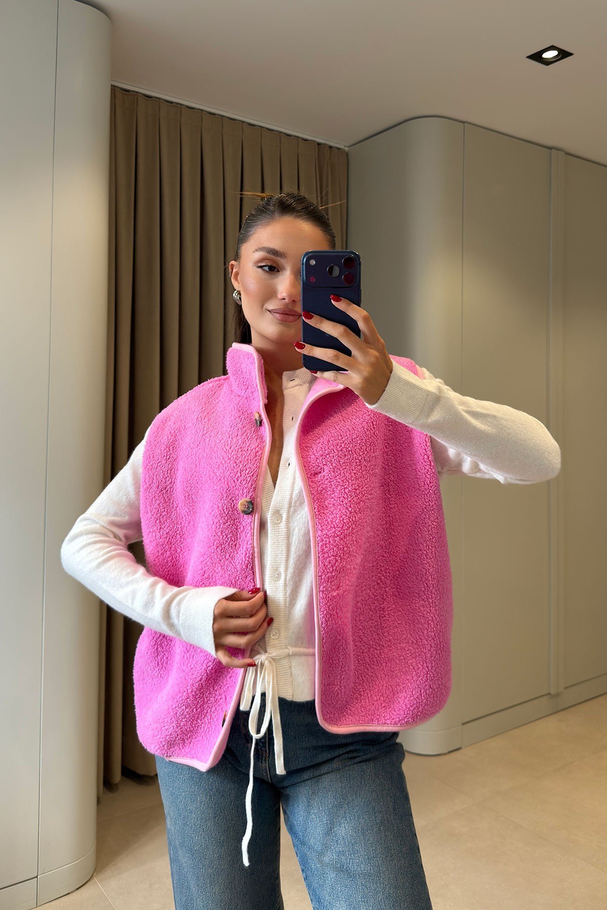 Düğmeli Premium Düğmeli Polar Yelek- PEMBE
