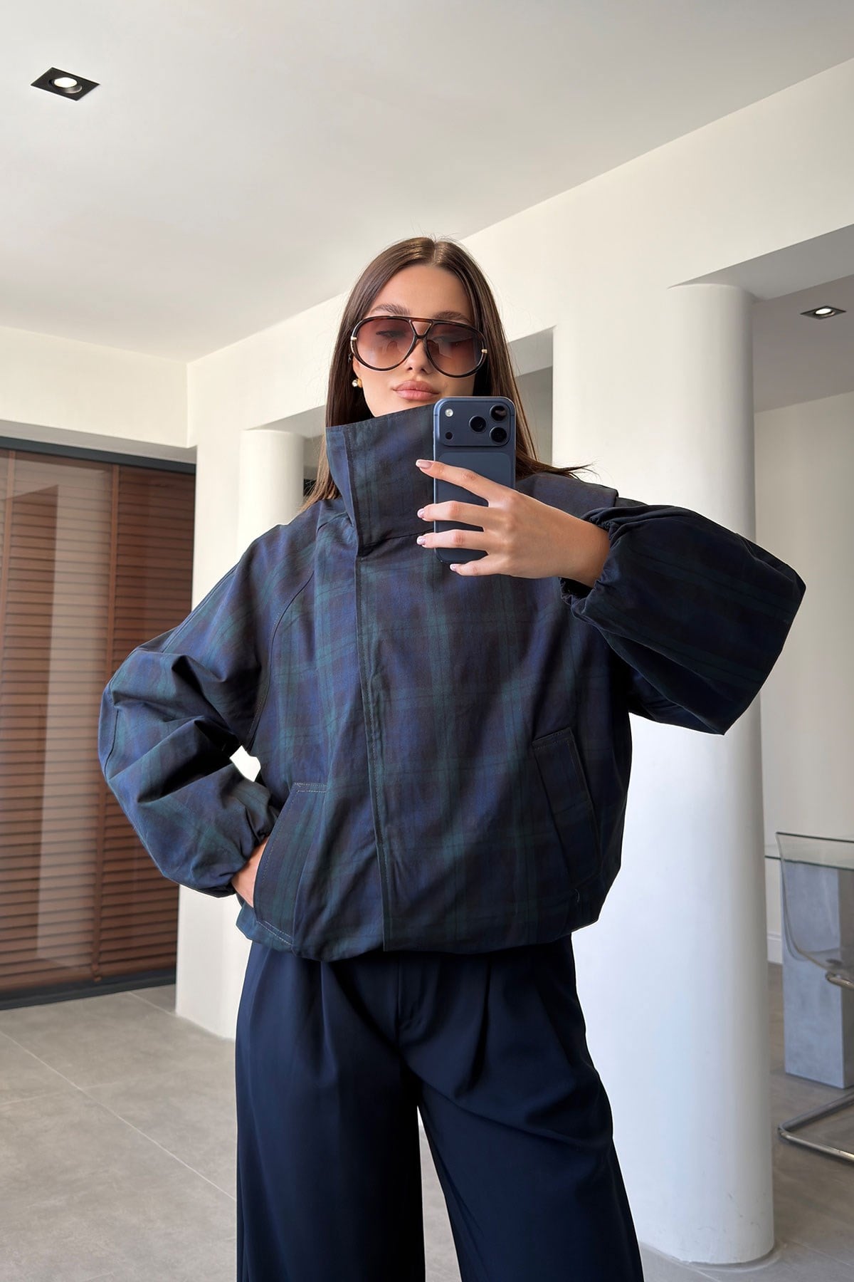 Ekose Desen Bomber Ceket- YEŞİL