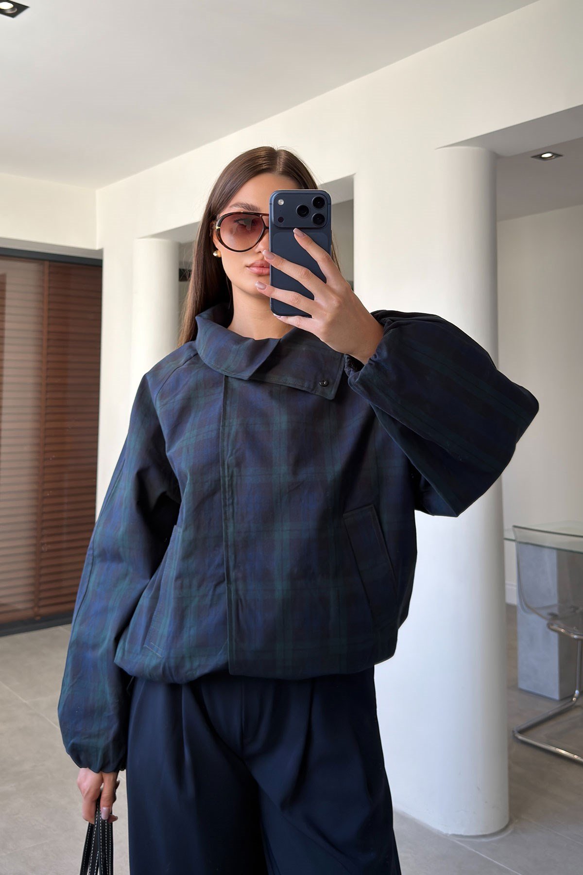 Ekose Desen Bomber Ceket- YEŞİL
