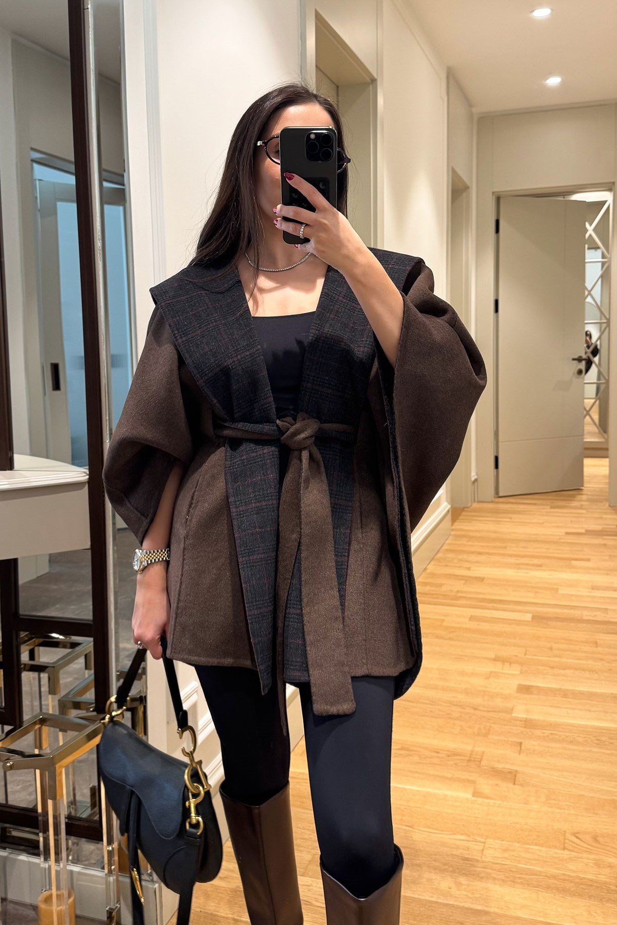 Ekose Desen Detaylı Kaşe Premium Panço- KAHVERENGİ