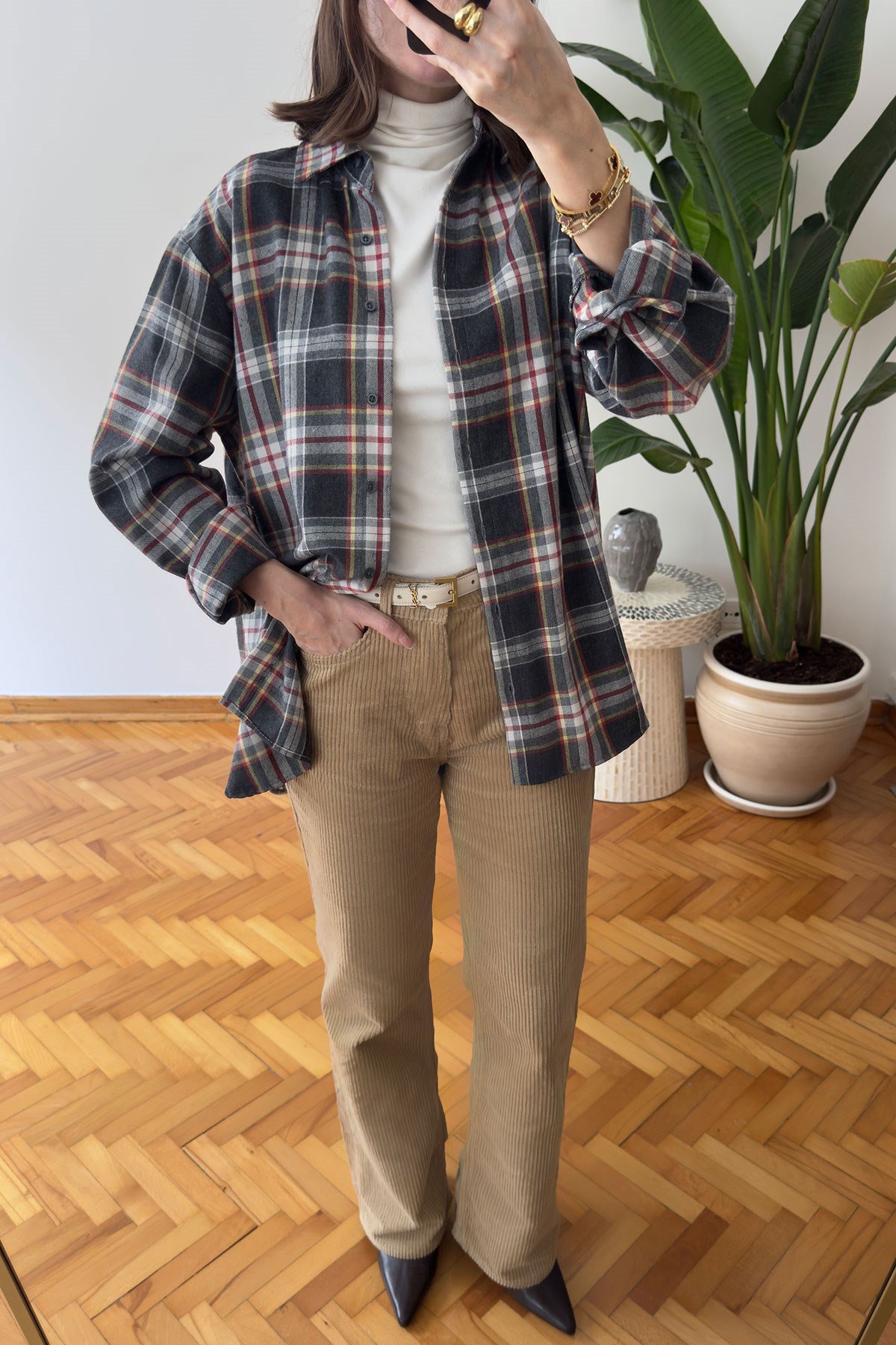 Ekose Desen Oversize Premium Gömlek- ANTRASİT