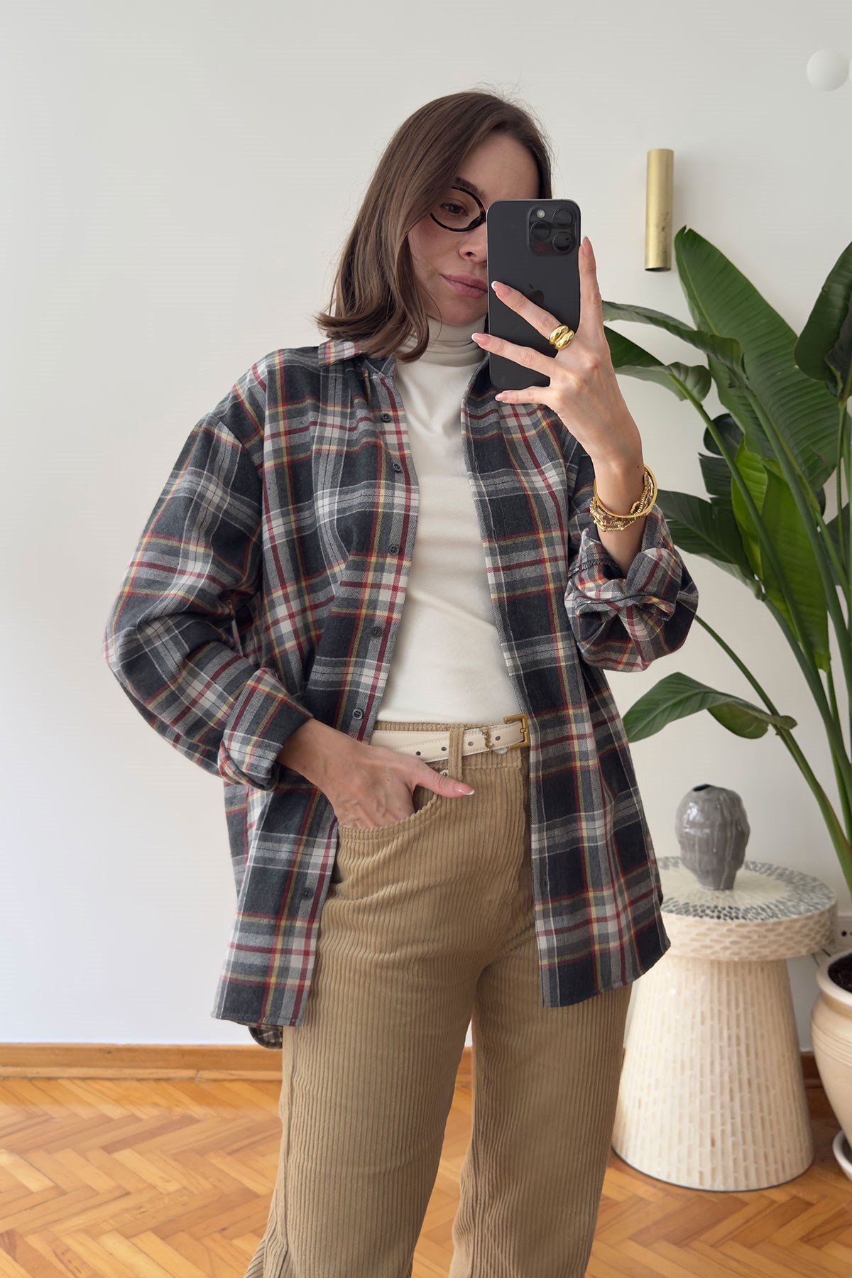 Ekose Desen Oversize Premium Gömlek- ANTRASİT