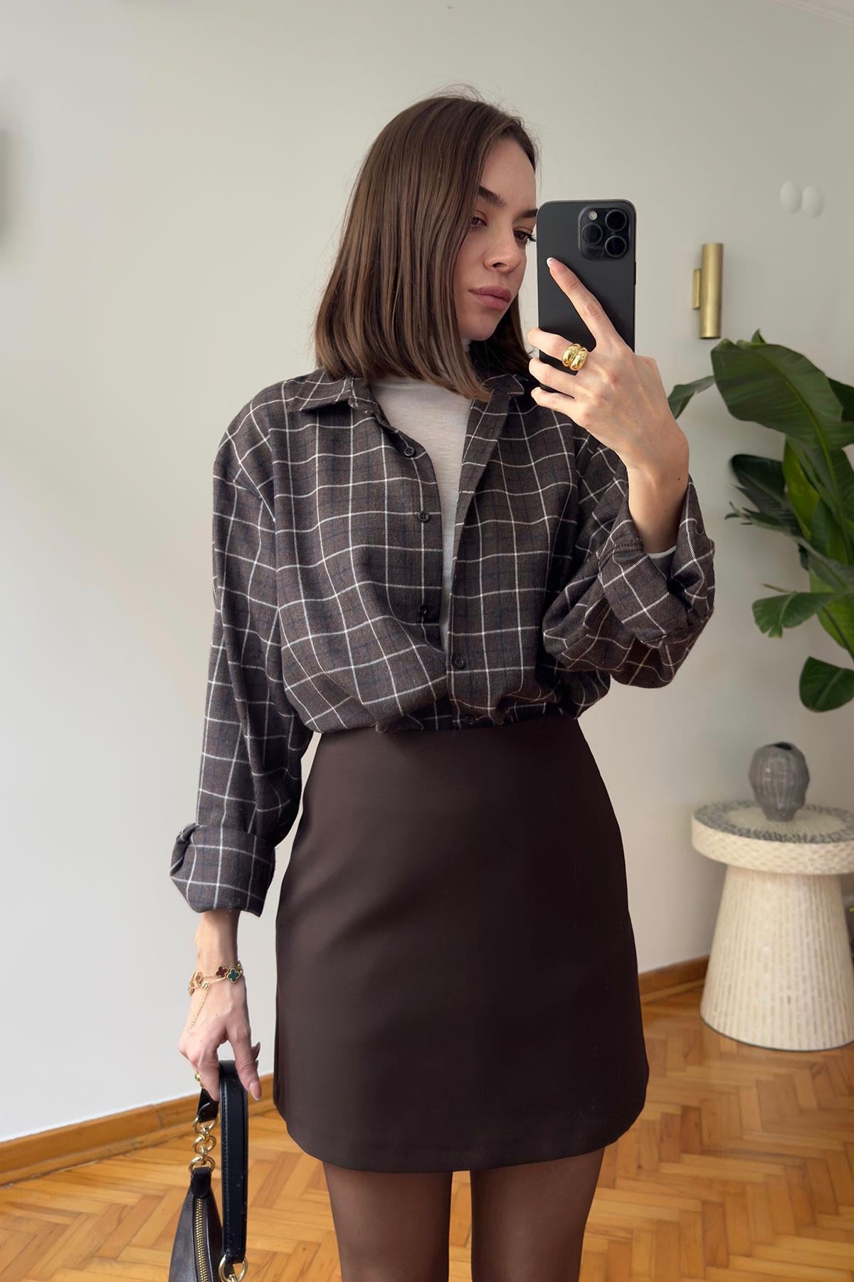 Ekose Desen Oversize Premium Gömlek- KAHVERENGİ