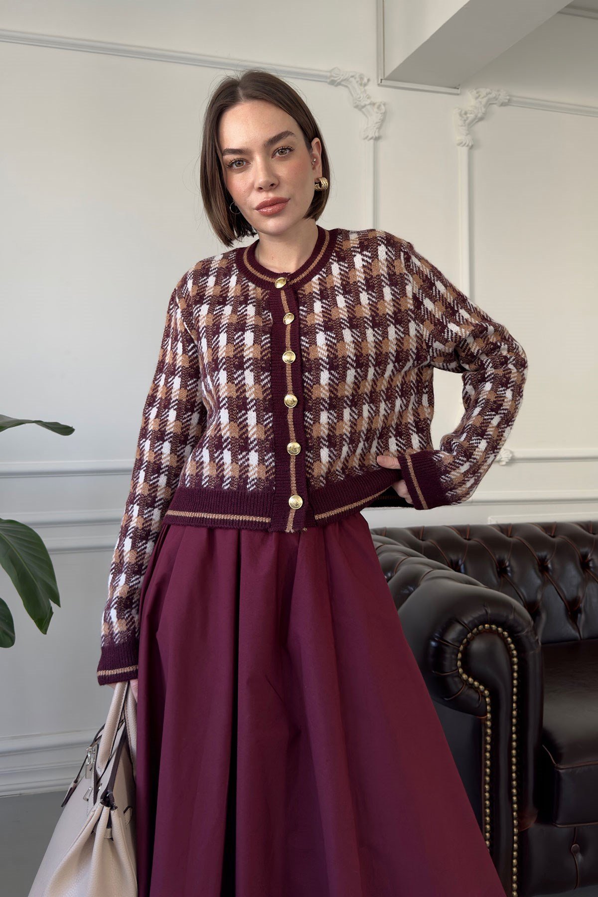 Ekose Desen Premium Hırka- BORDO