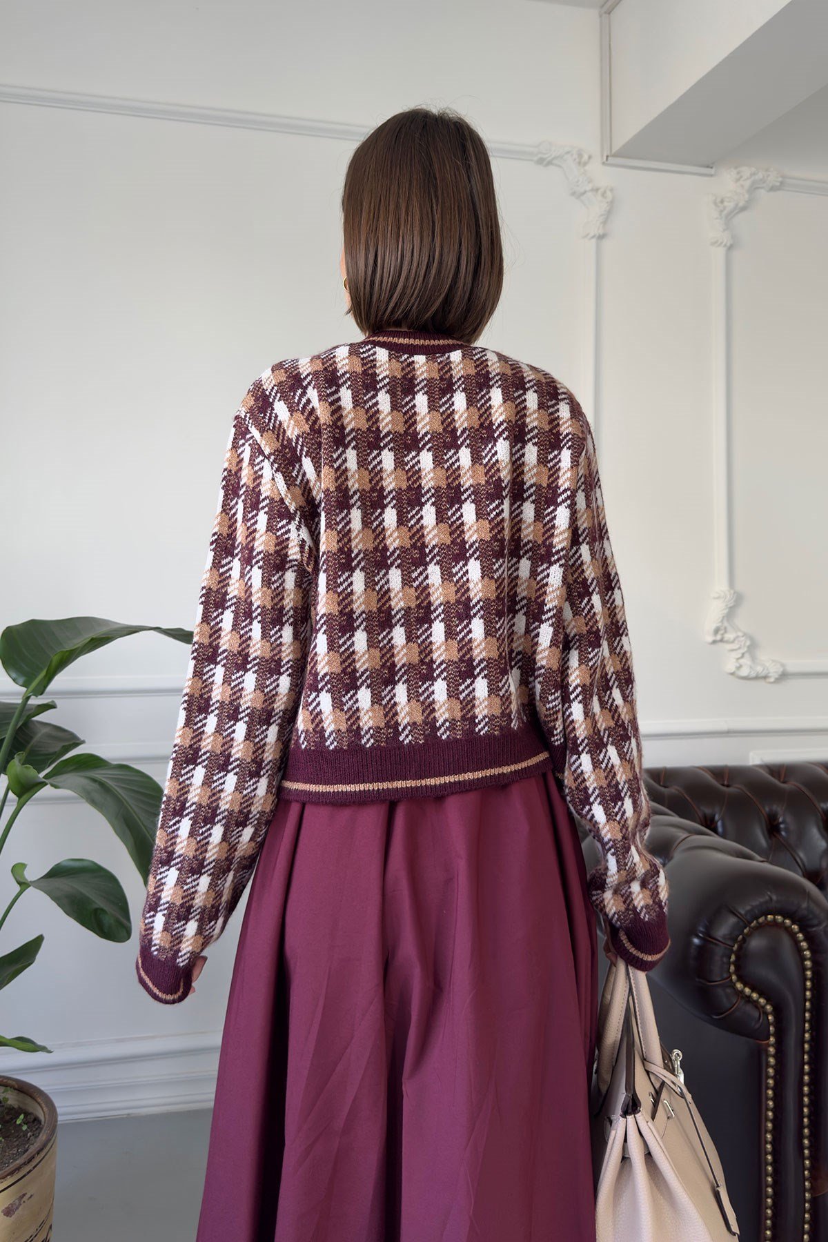 Ekose Desen Premium Hırka- BORDO
