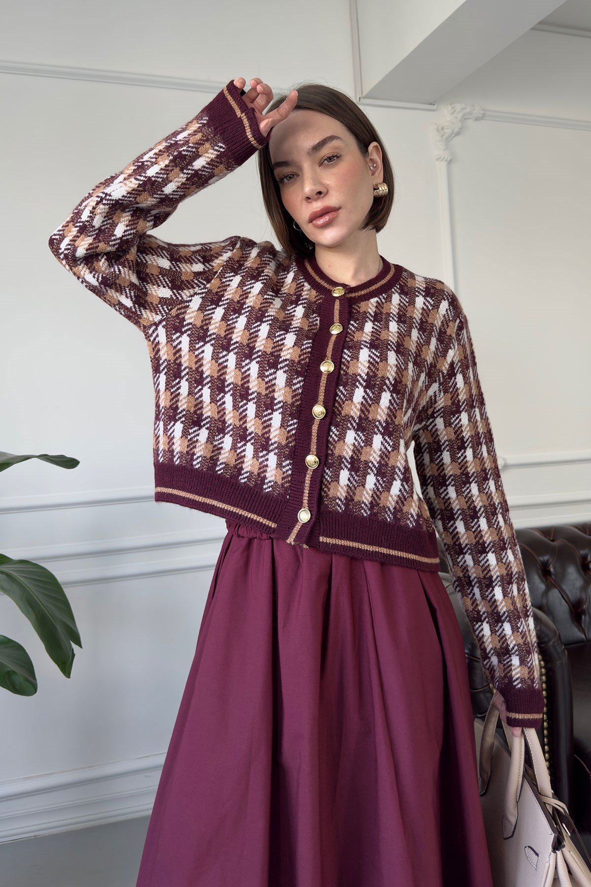 Ekose Desen Premium Hırka- BORDO