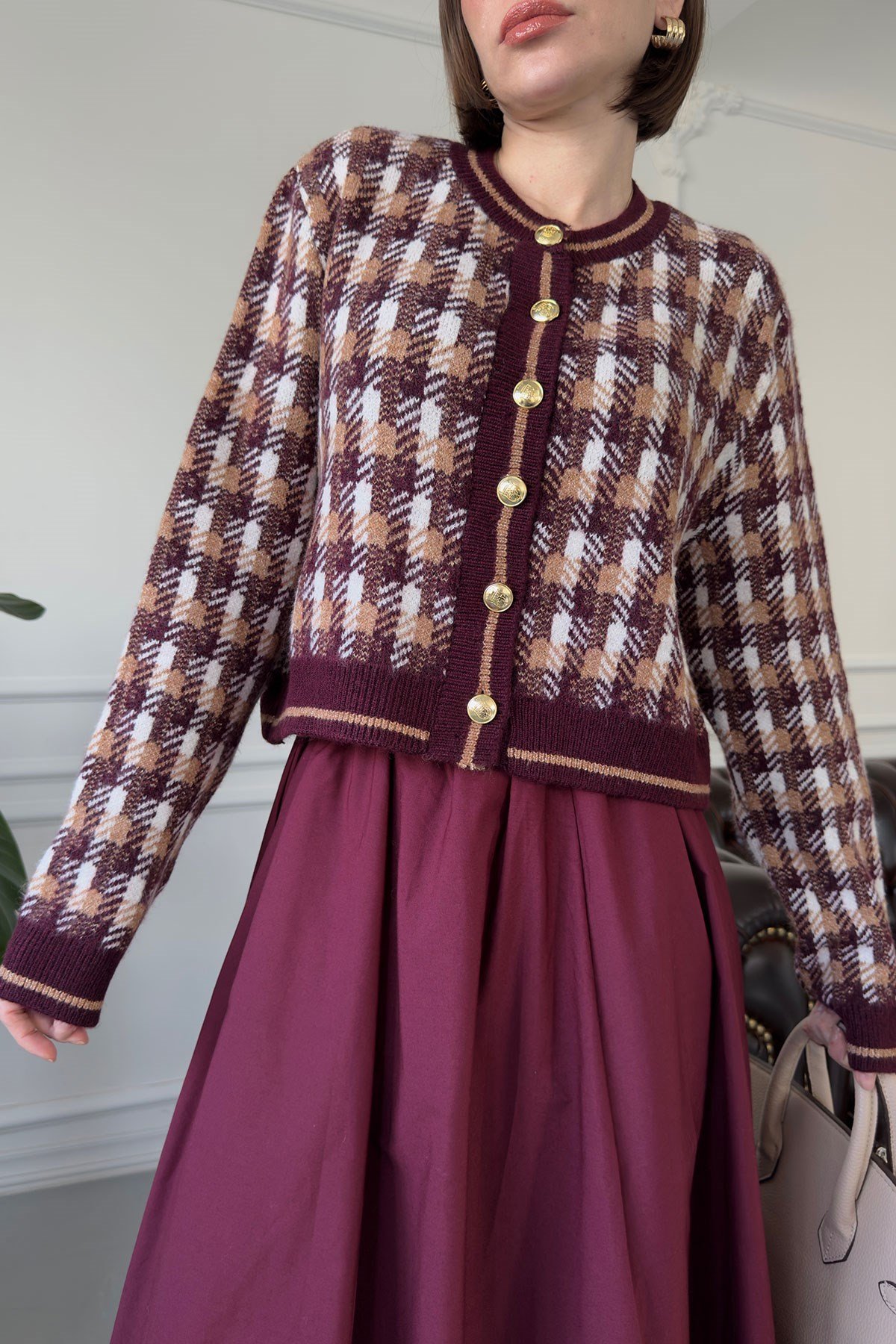 Ekose Desen Premium Hırka- BORDO