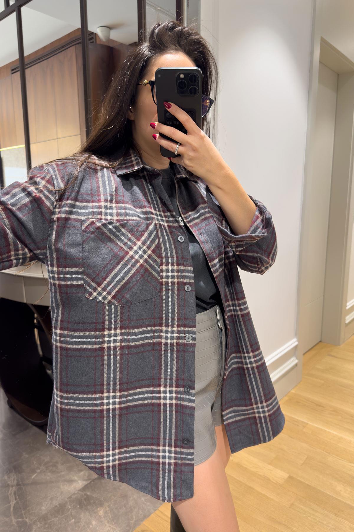 Ekose Oversize Premium Gömlek- ANTRASİT