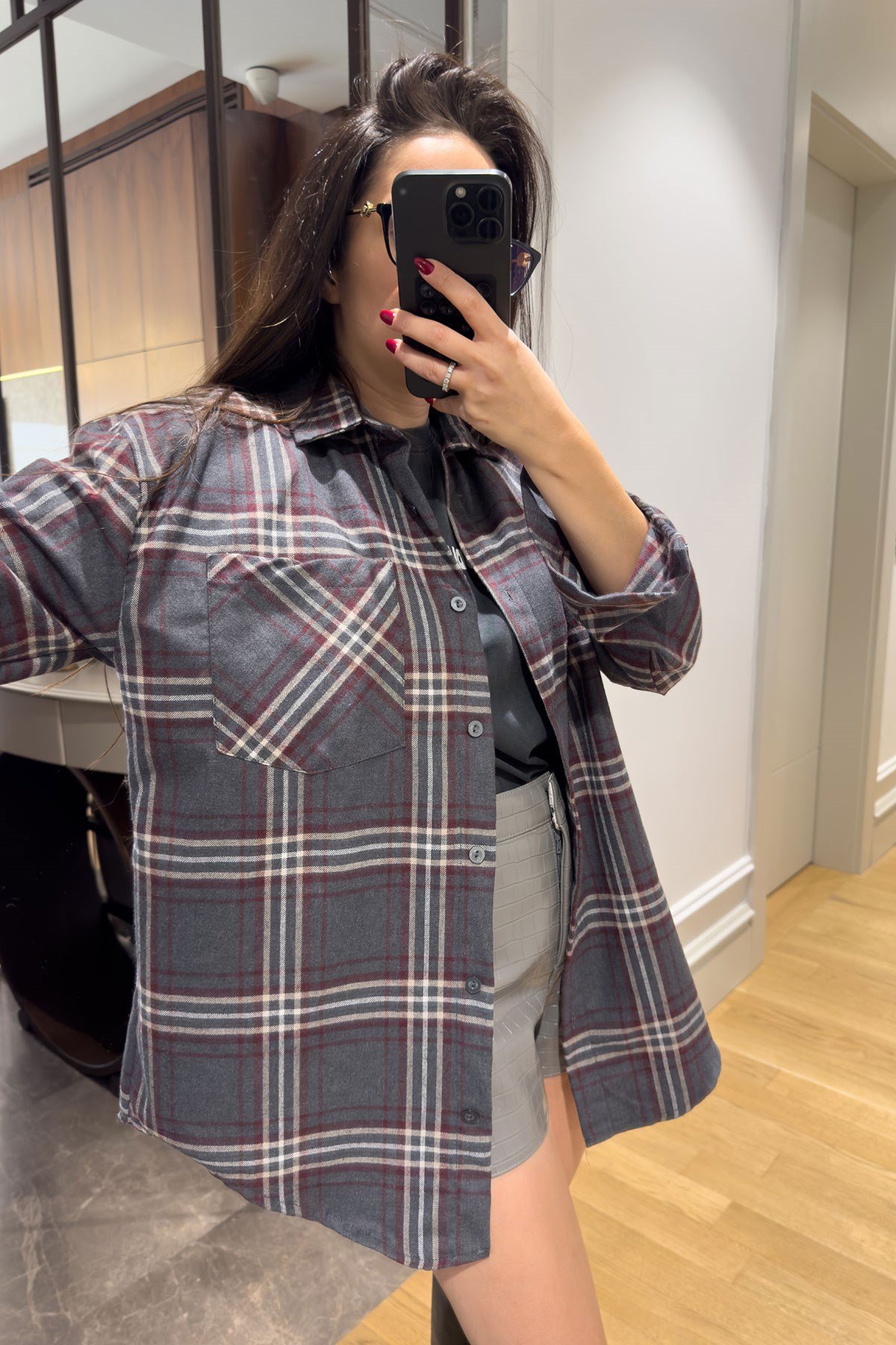 Ekose Oversize Premium Gömlek- ANTRASİT