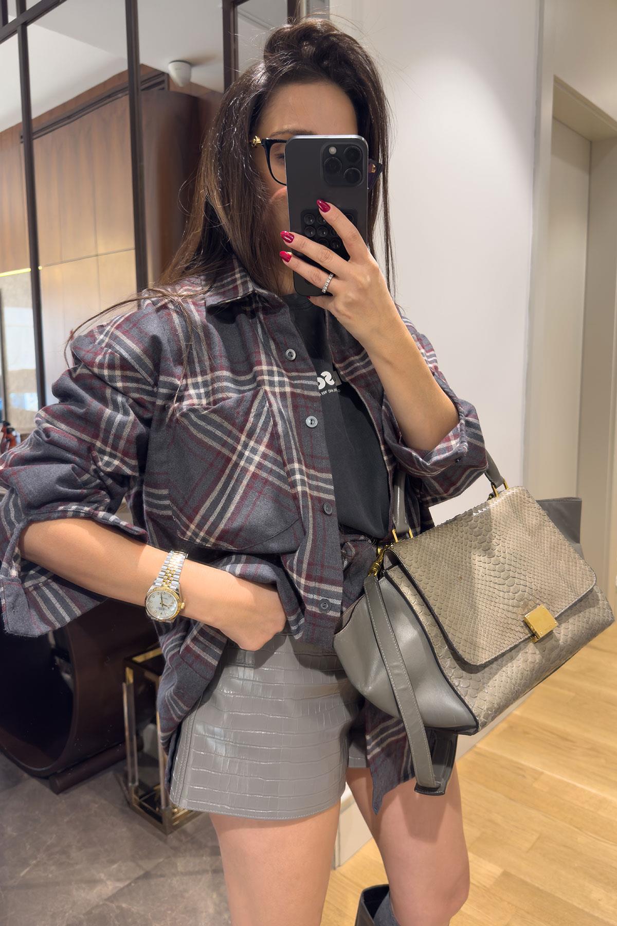 Ekose Oversize Premium Gömlek- ANTRASİT