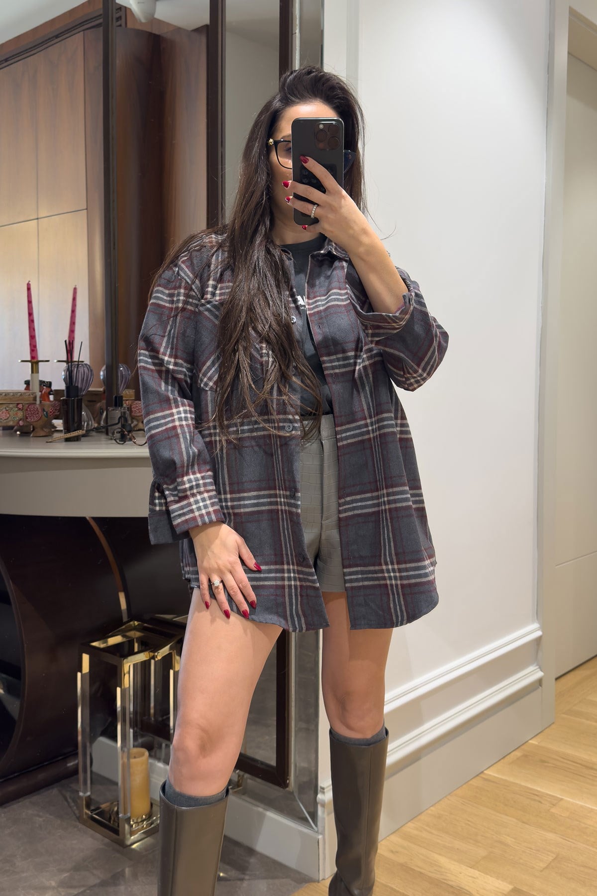 Ekose Oversize Premium Gömlek- ANTRASİT