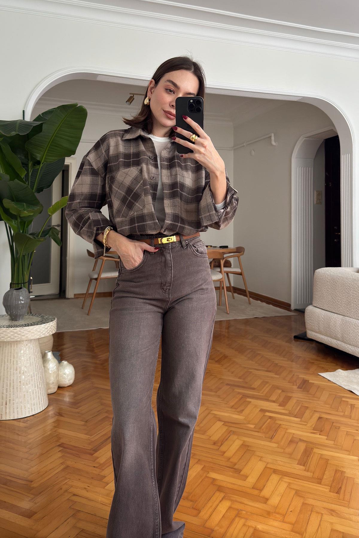 Ekose Oversize Premium Gömlek- KAHVERENGİ
