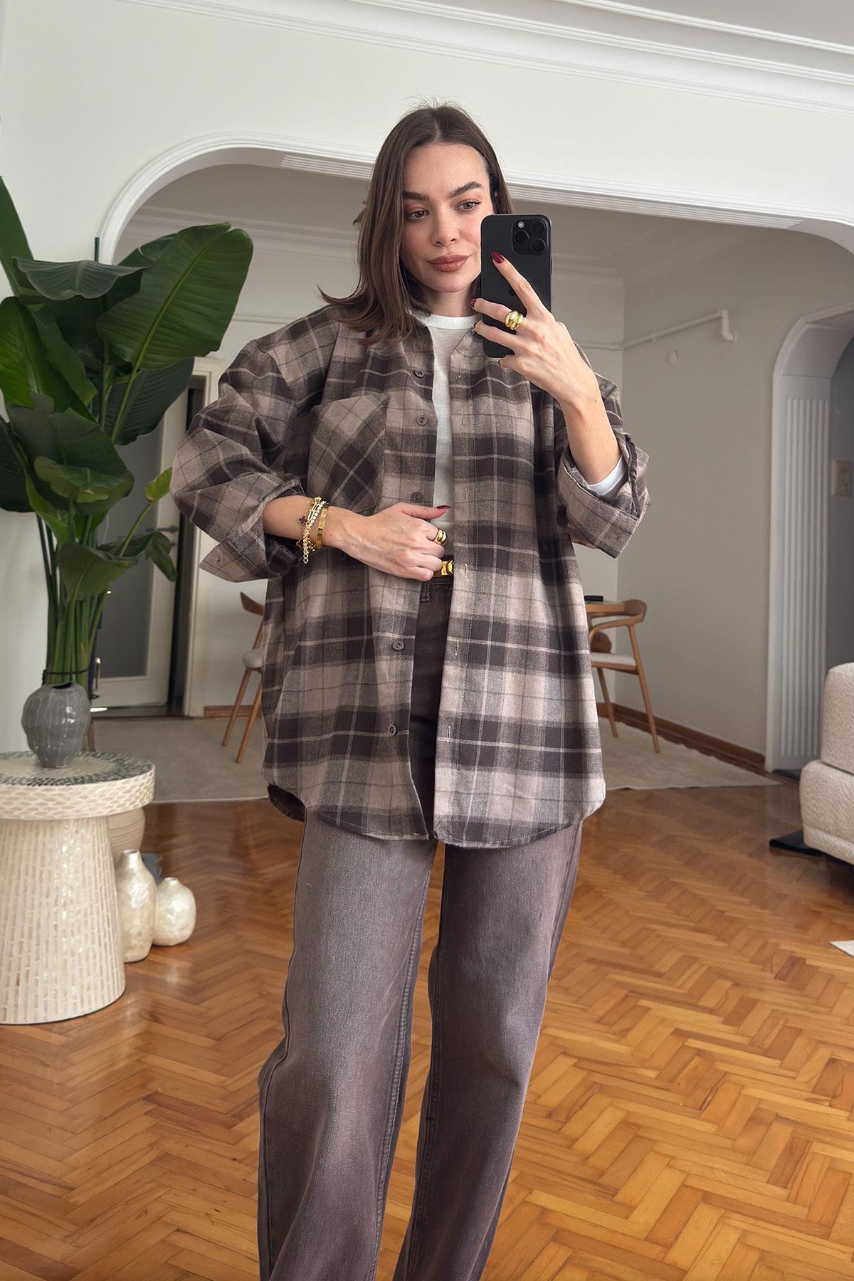 Ekose Oversize Premium Gömlek- KAHVERENGİ