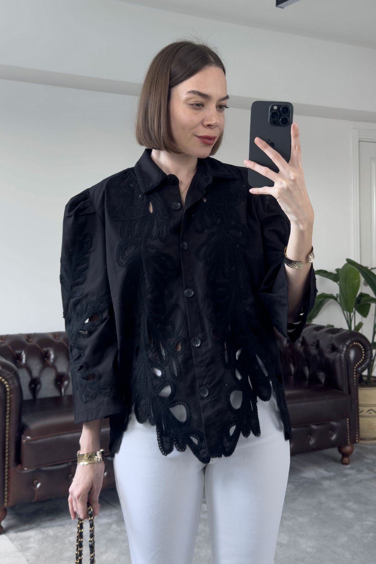 Etek Ucu Brodeli Premium Keten Gömlek- SİYAH