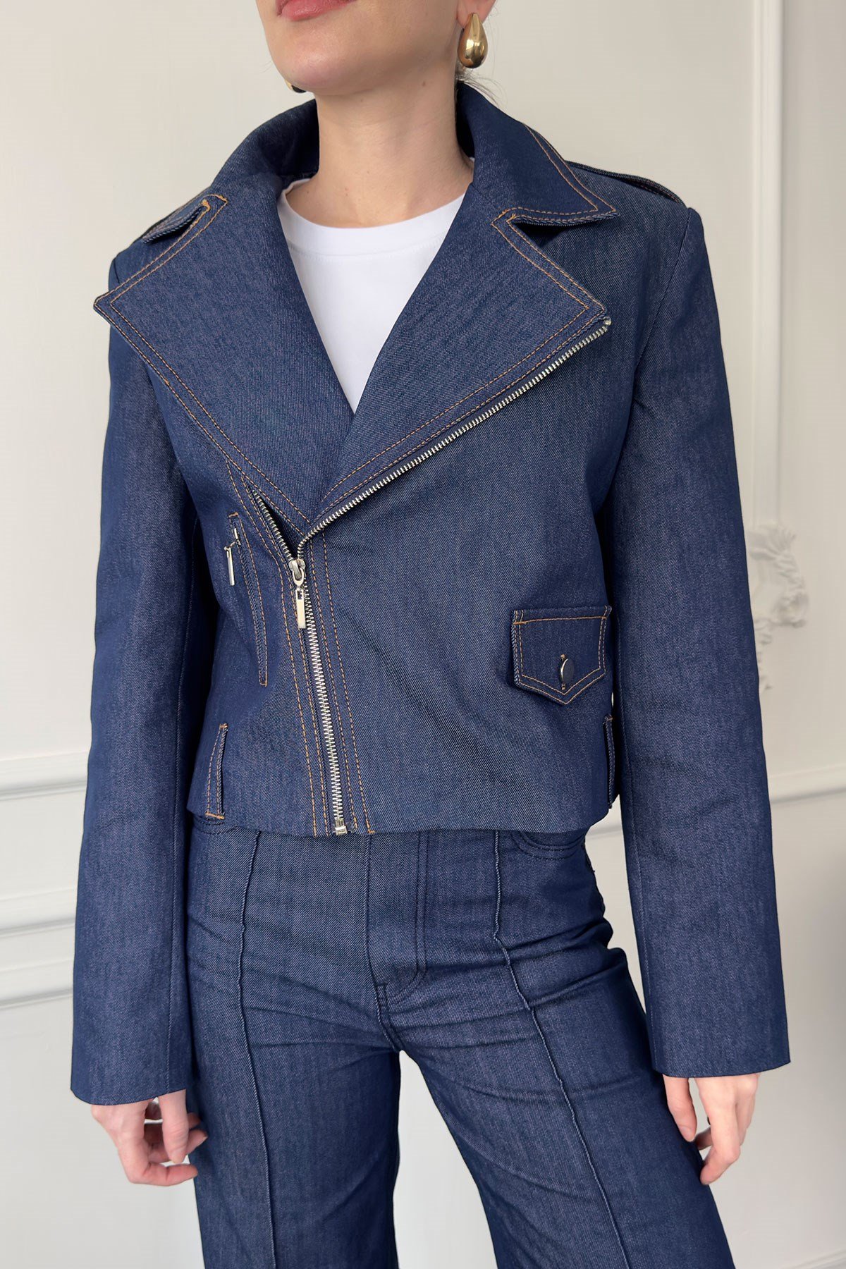 Fermuar Detay Tasarım Denim Ceket- MAVİ