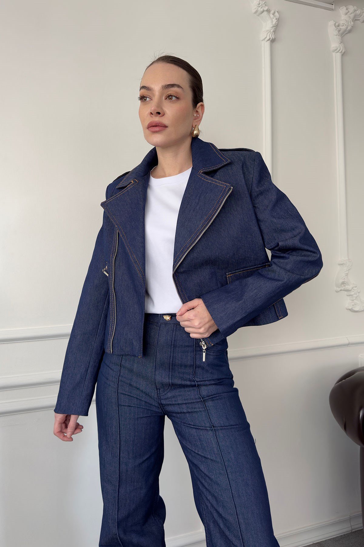 Fermuar Detay Tasarım Denim Ceket- MAVİ