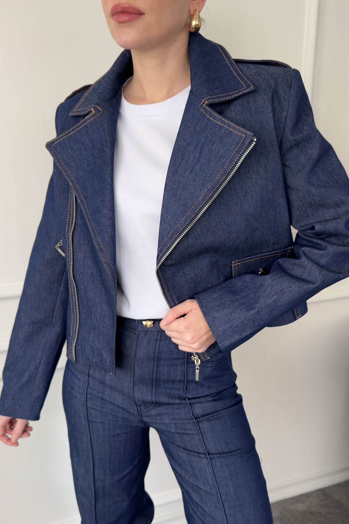 Fermuar Detay Tasarım Denim Ceket- MAVİ