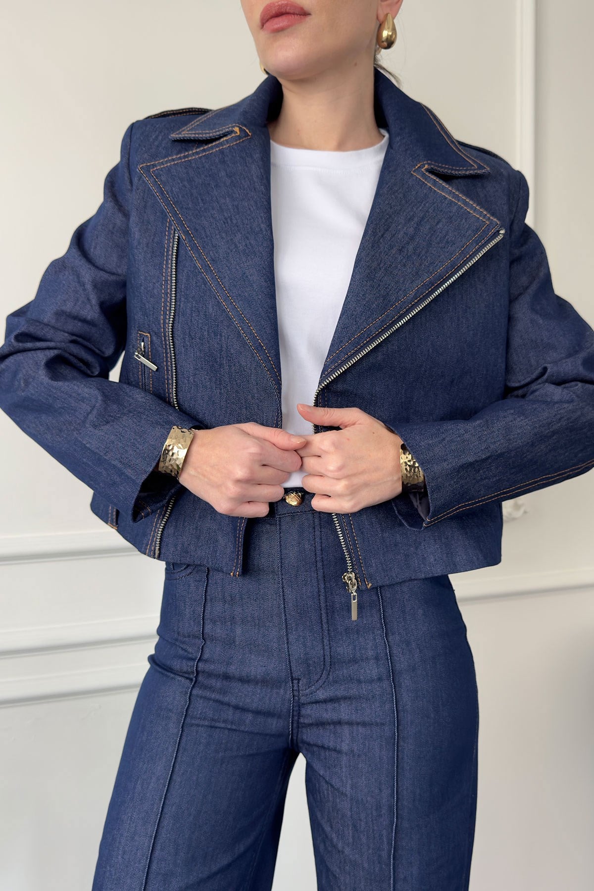 Fermuar Detay Tasarım Denim Ceket- MAVİ