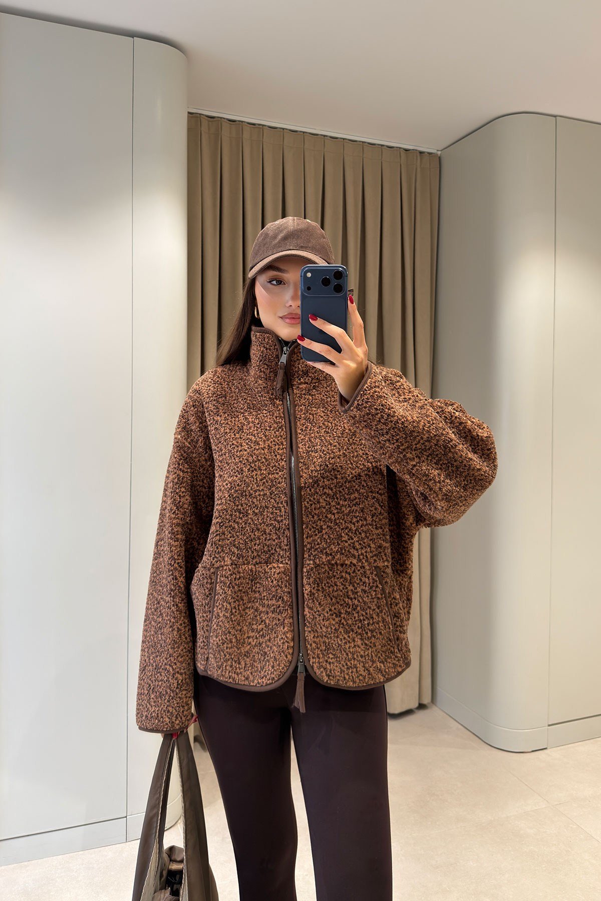 FERMUARLI DİK YAKA POLAR CEKET- Acı Kahve