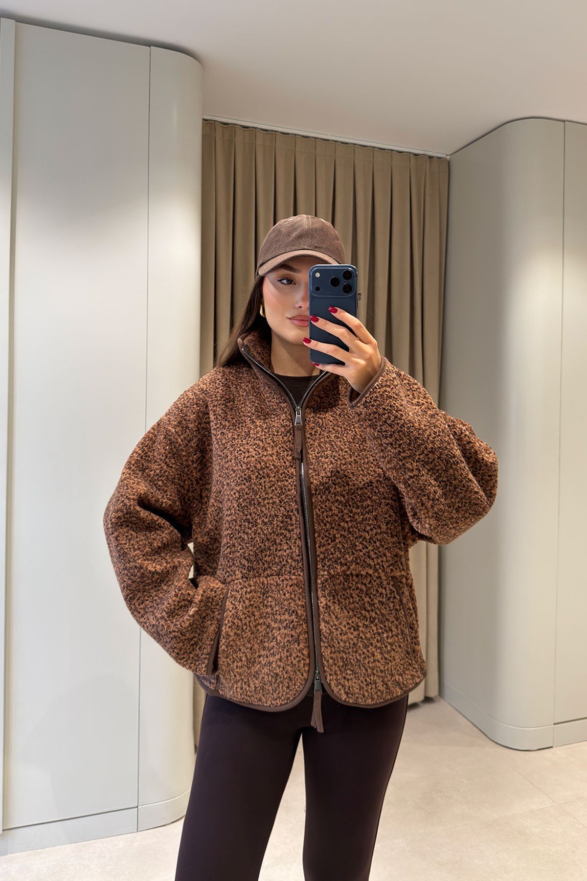 FERMUARLI DİK YAKA POLAR CEKET- Acı Kahve