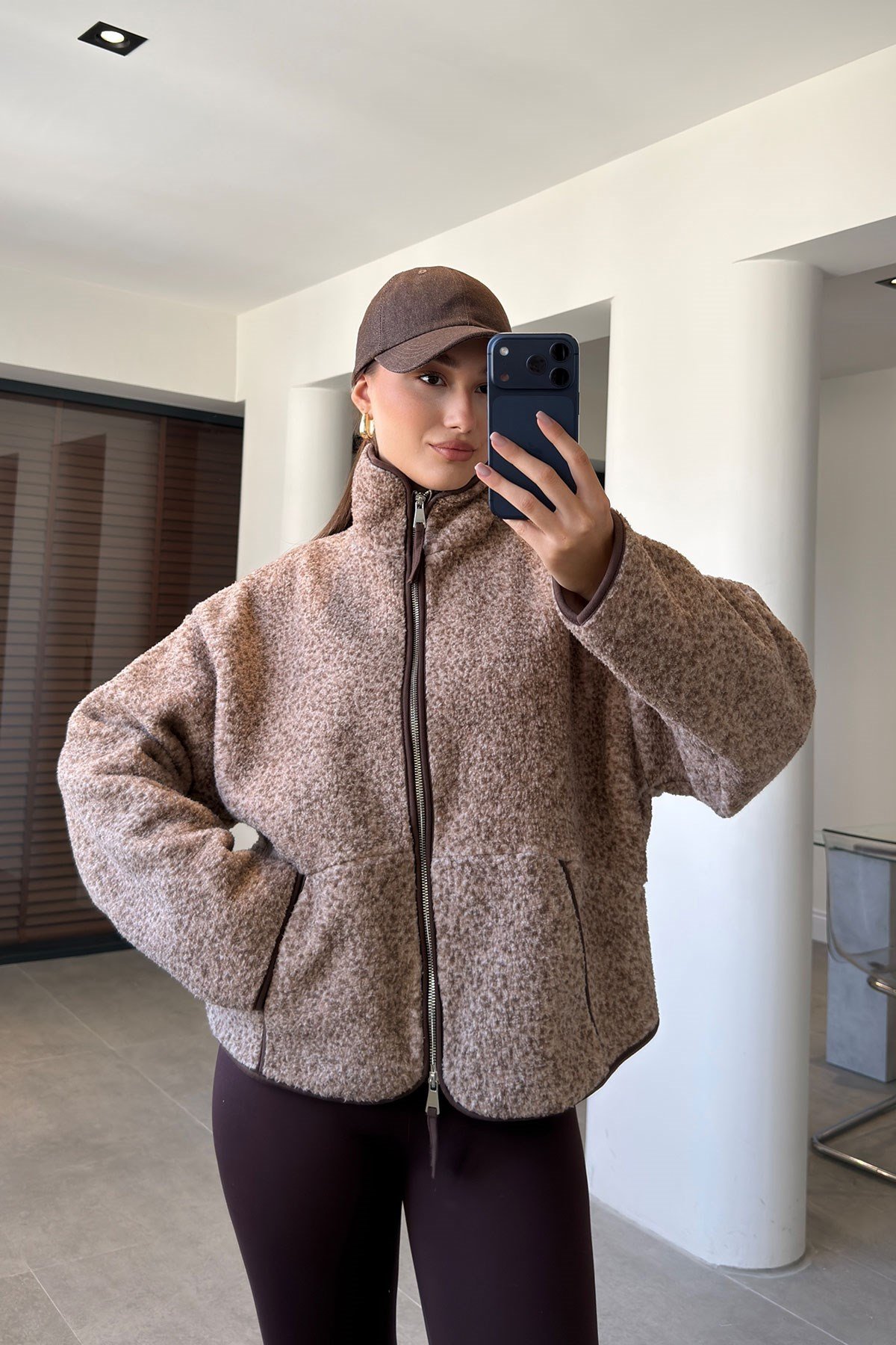 FERMUARLI DİK YAKA POLAR CEKET- KAHVERENGİ