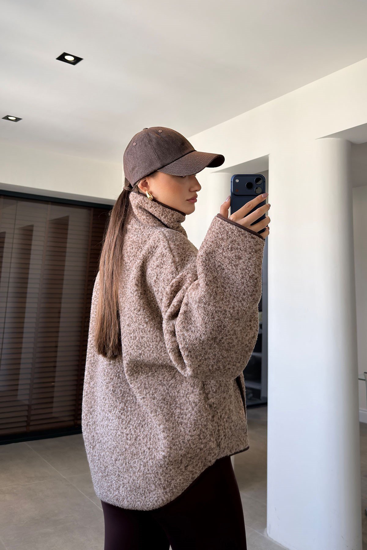 FERMUARLI DİK YAKA POLAR CEKET- KAHVERENGİ