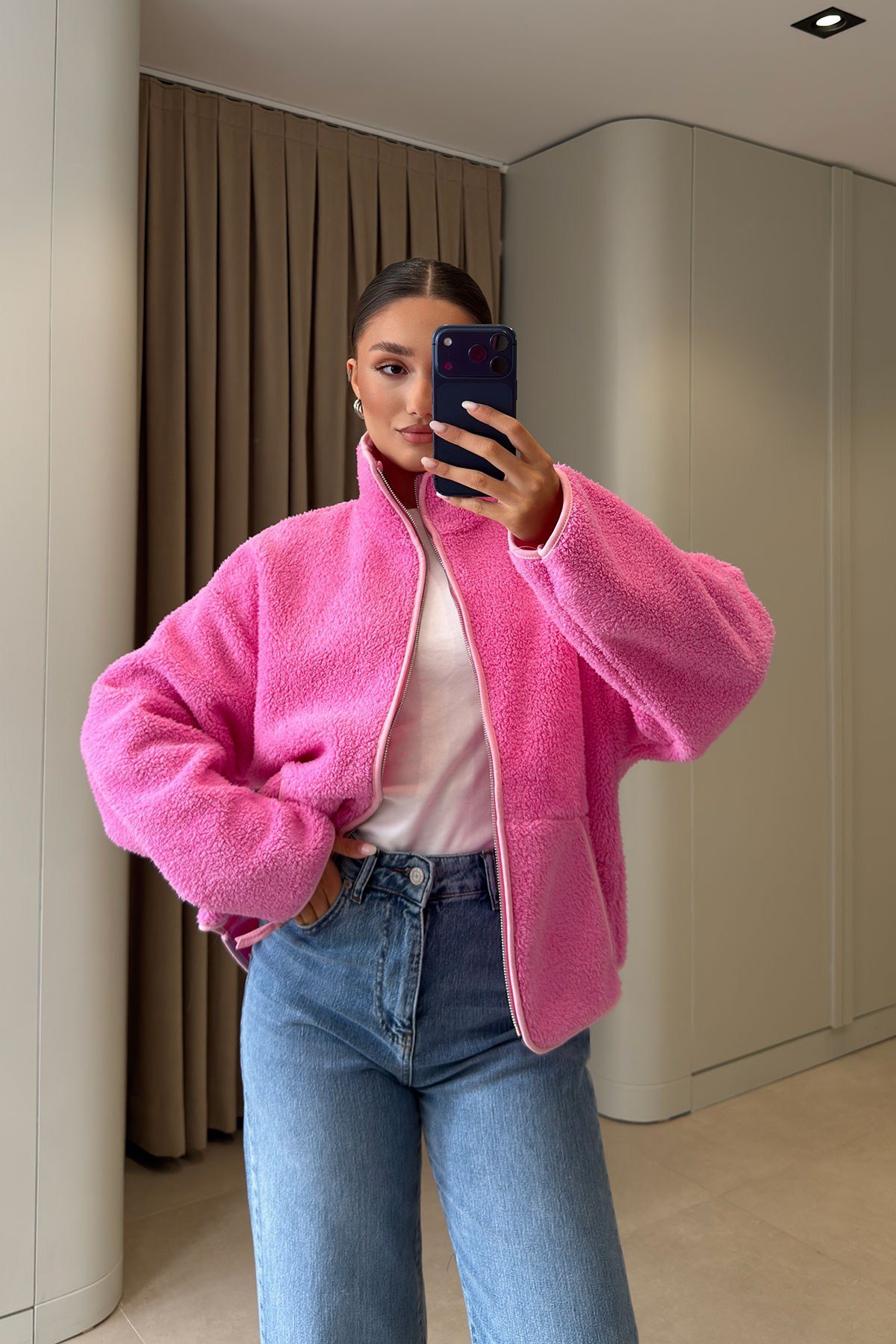 FERMUARLI DİK YAKA POLAR CEKET- PEMBE