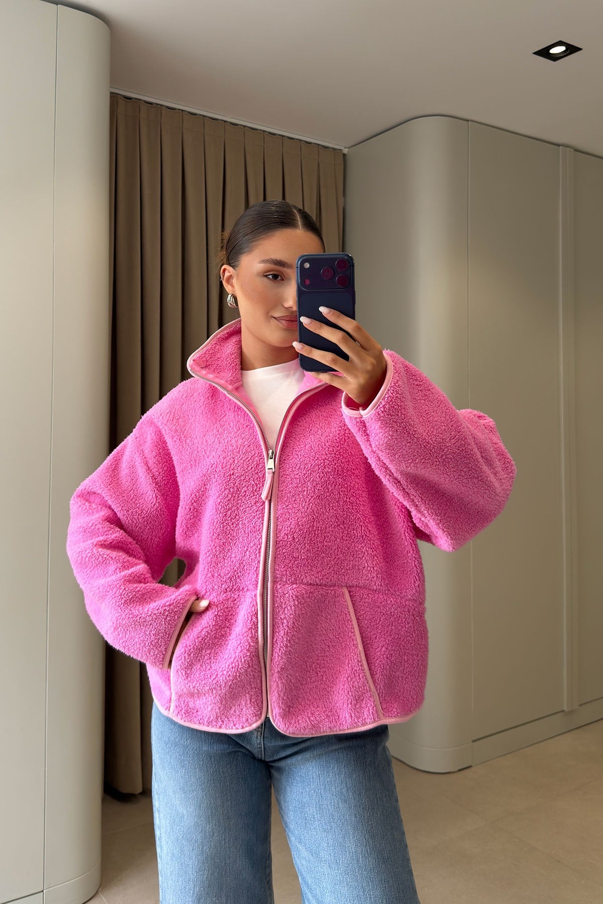 FERMUARLI DİK YAKA POLAR CEKET- PEMBE