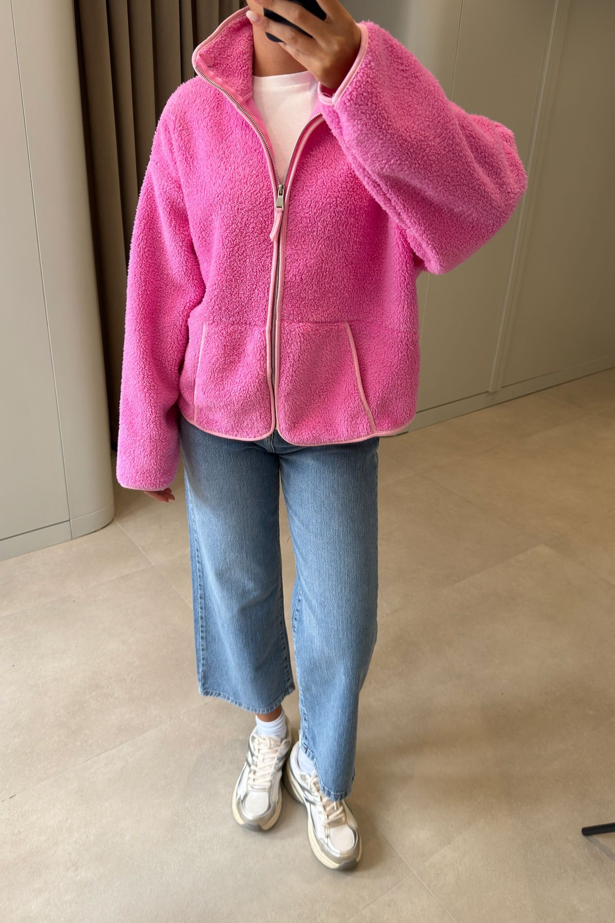 FERMUARLI DİK YAKA POLAR CEKET- PEMBE