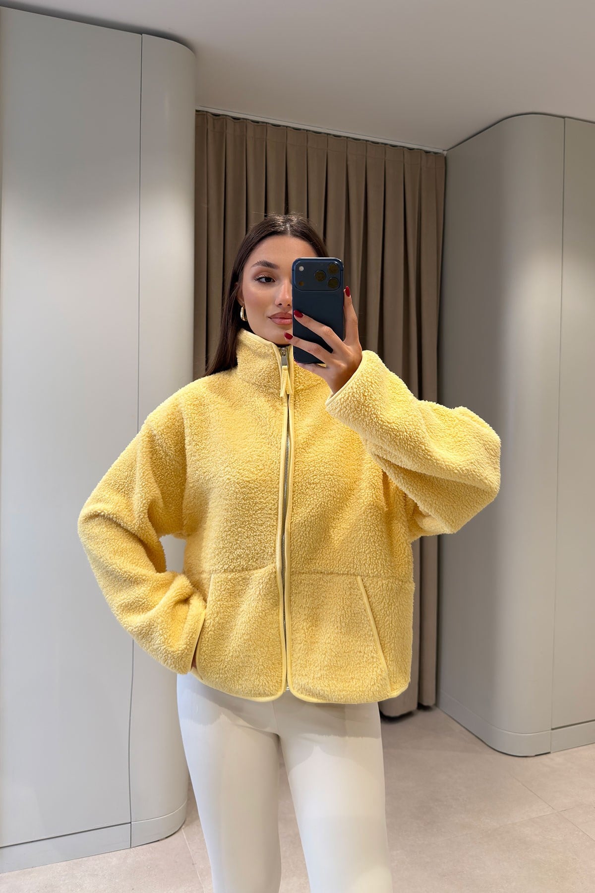 FERMUARLI DİK YAKA POLAR CEKET- SARI