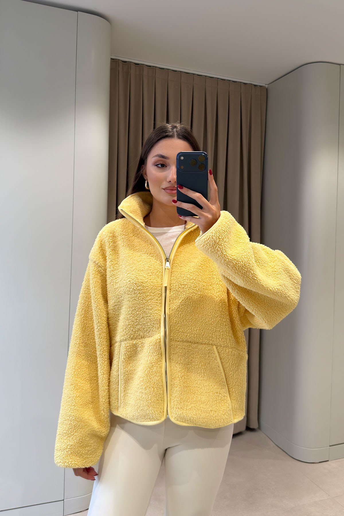 FERMUARLI DİK YAKA POLAR CEKET- SARI