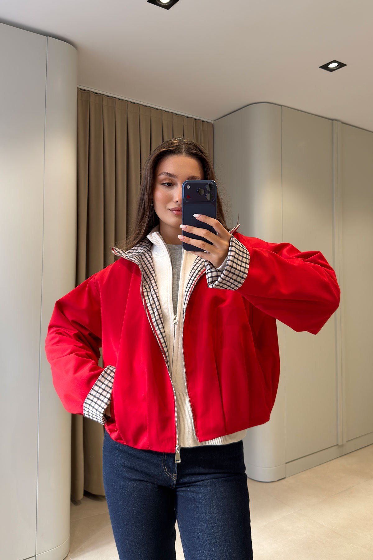 FERMUARLI PİLE DETAYLI BOMBER CEKET- KIRMIZI