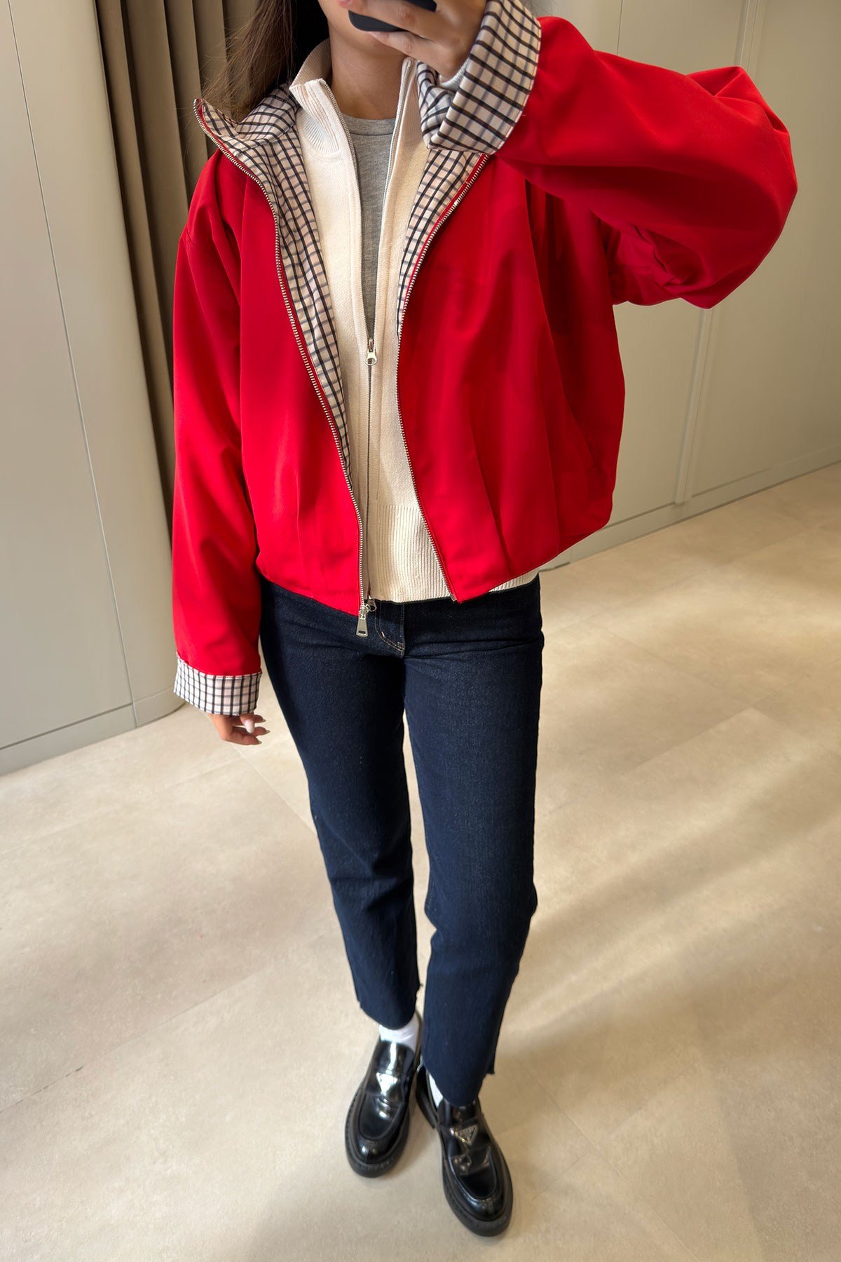 FERMUARLI PİLE DETAYLI BOMBER CEKET- KIRMIZI