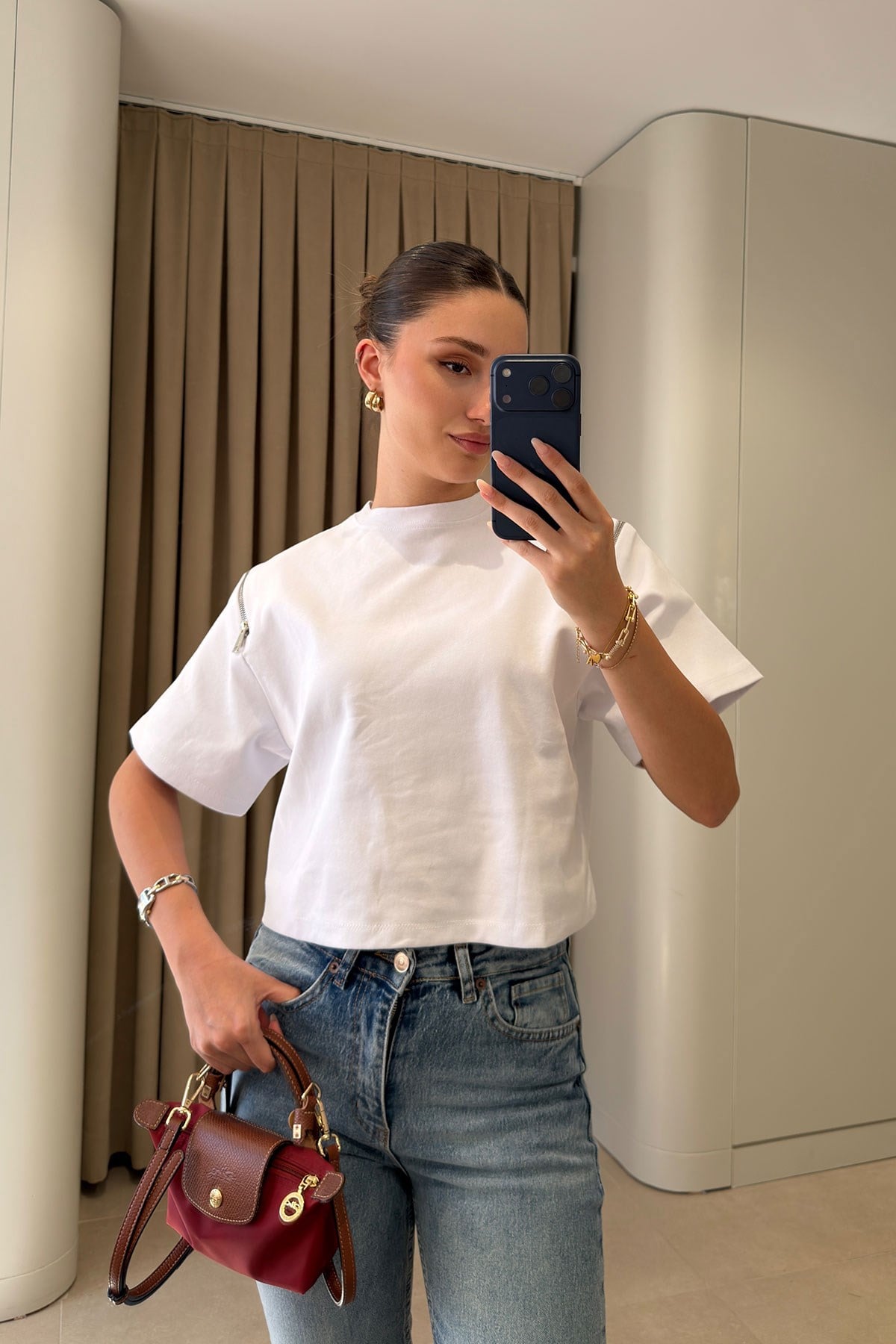 Fermuarlı Vatkalı Tshirt- BEYAZ
