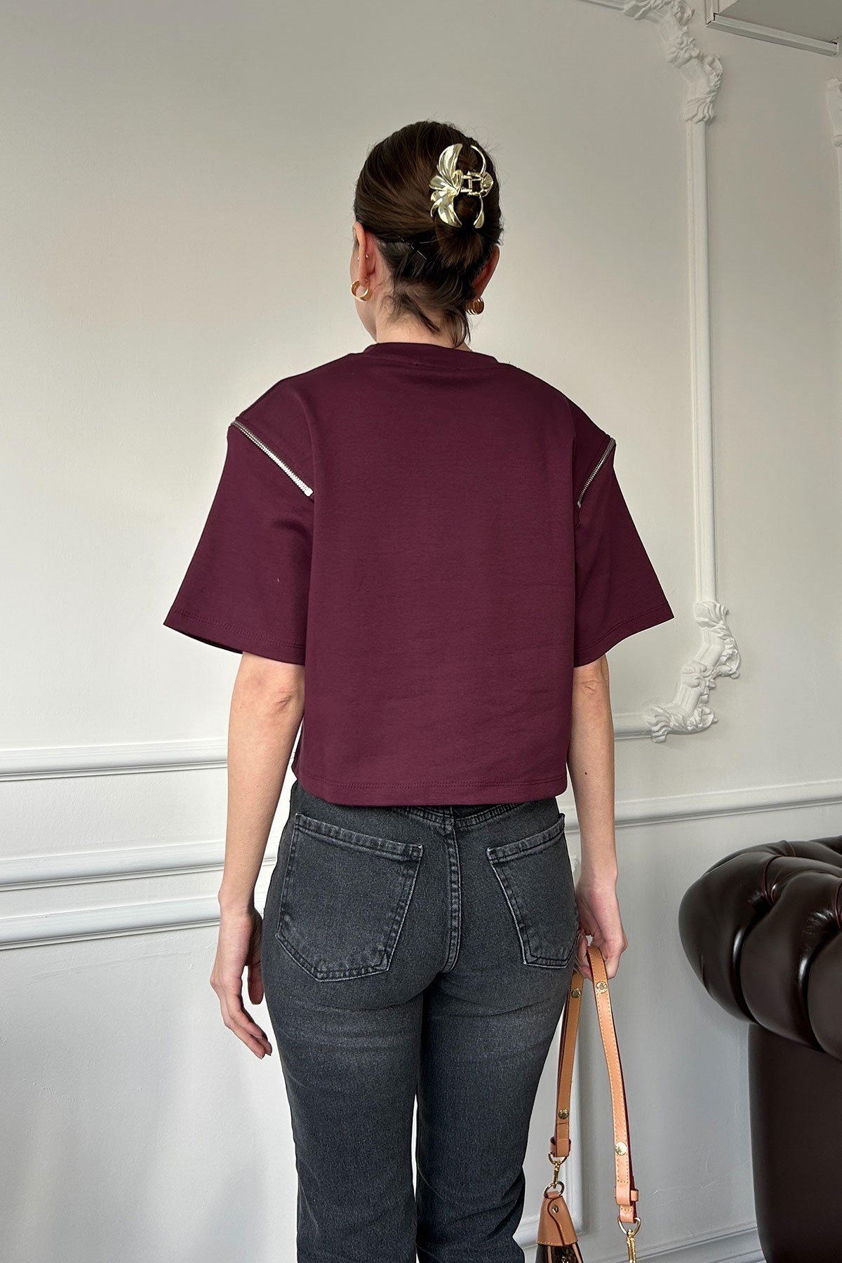 Fermuarlı Vatkalı Tshirt- BORDO