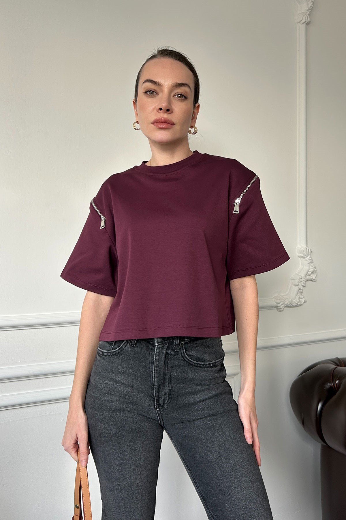 Fermuarlı Vatkalı Tshirt- BORDO