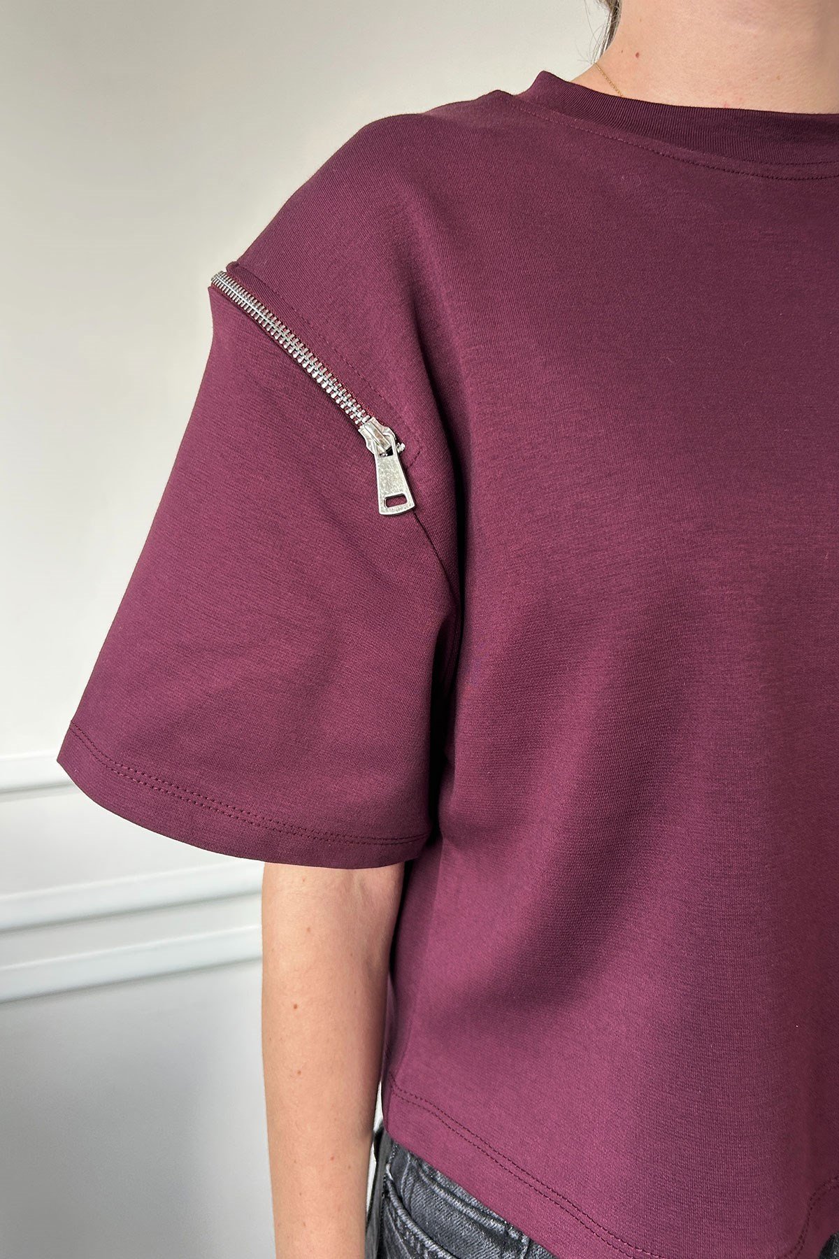 Fermuarlı Vatkalı Tshirt- BORDO