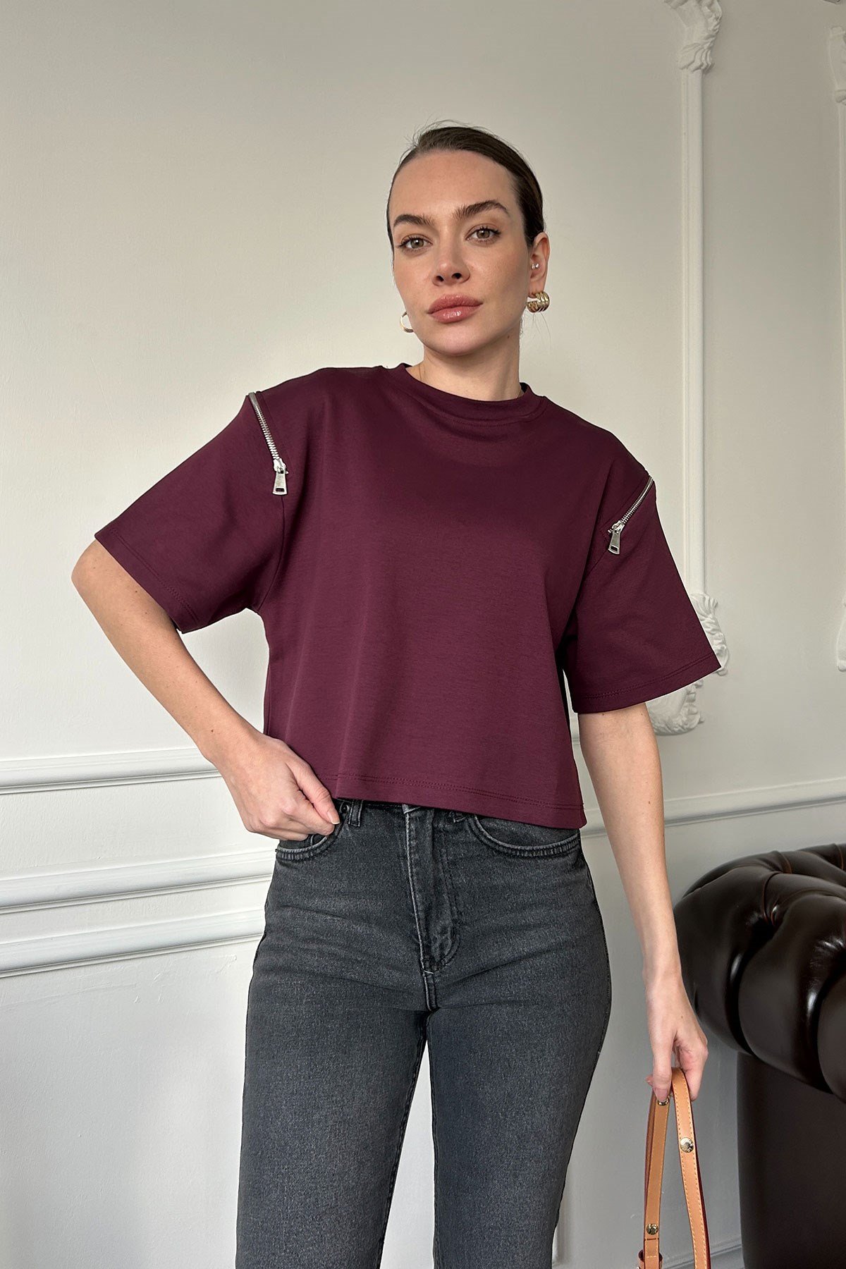 Fermuarlı Vatkalı Tshirt- BORDO