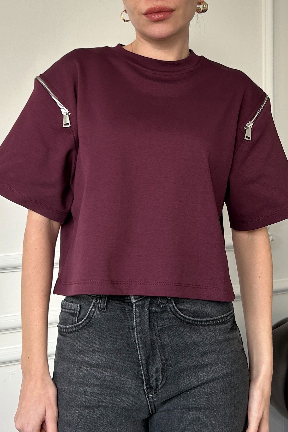 Fermuarlı Vatkalı Tshirt- BORDO