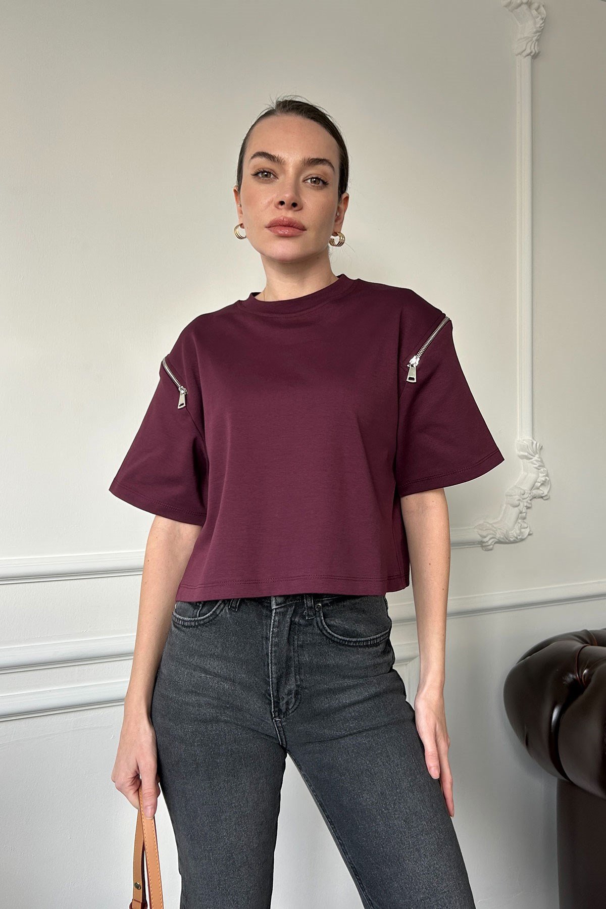 Fermuarlı Vatkalı Tshirt- BORDO