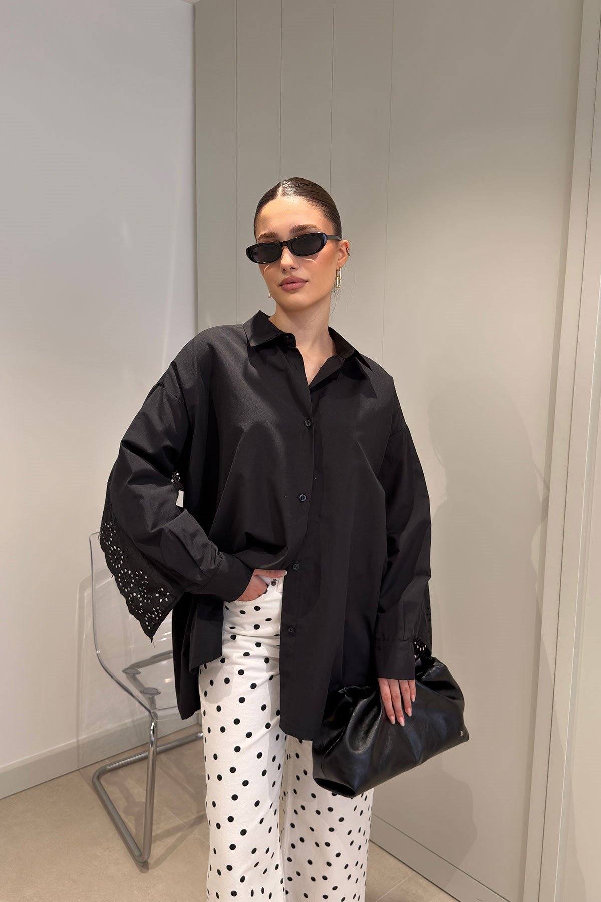 Fisto Detay Oversize Poplin Gömlek- SİYAH