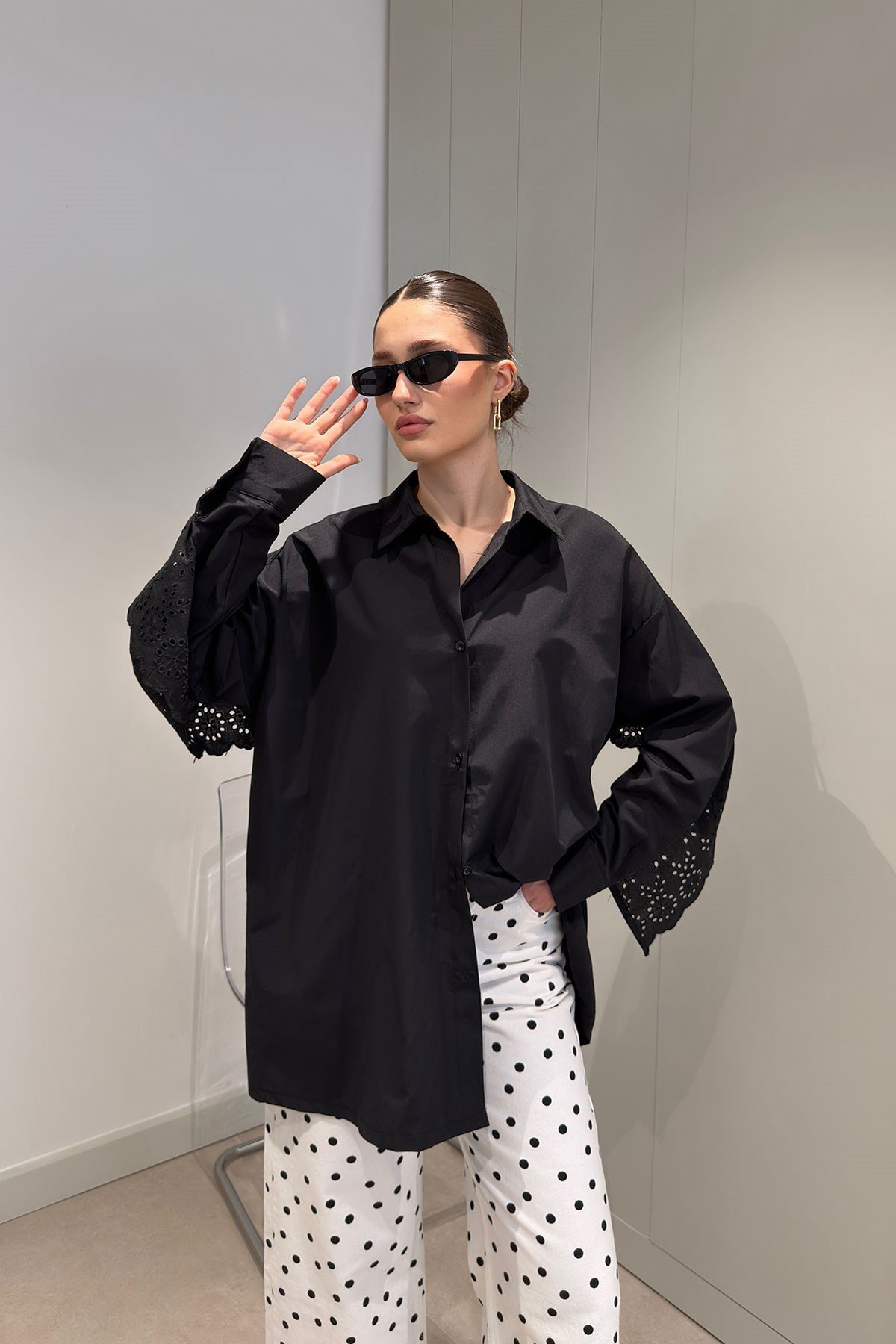 Fisto Detay Oversize Poplin Gömlek- SİYAH